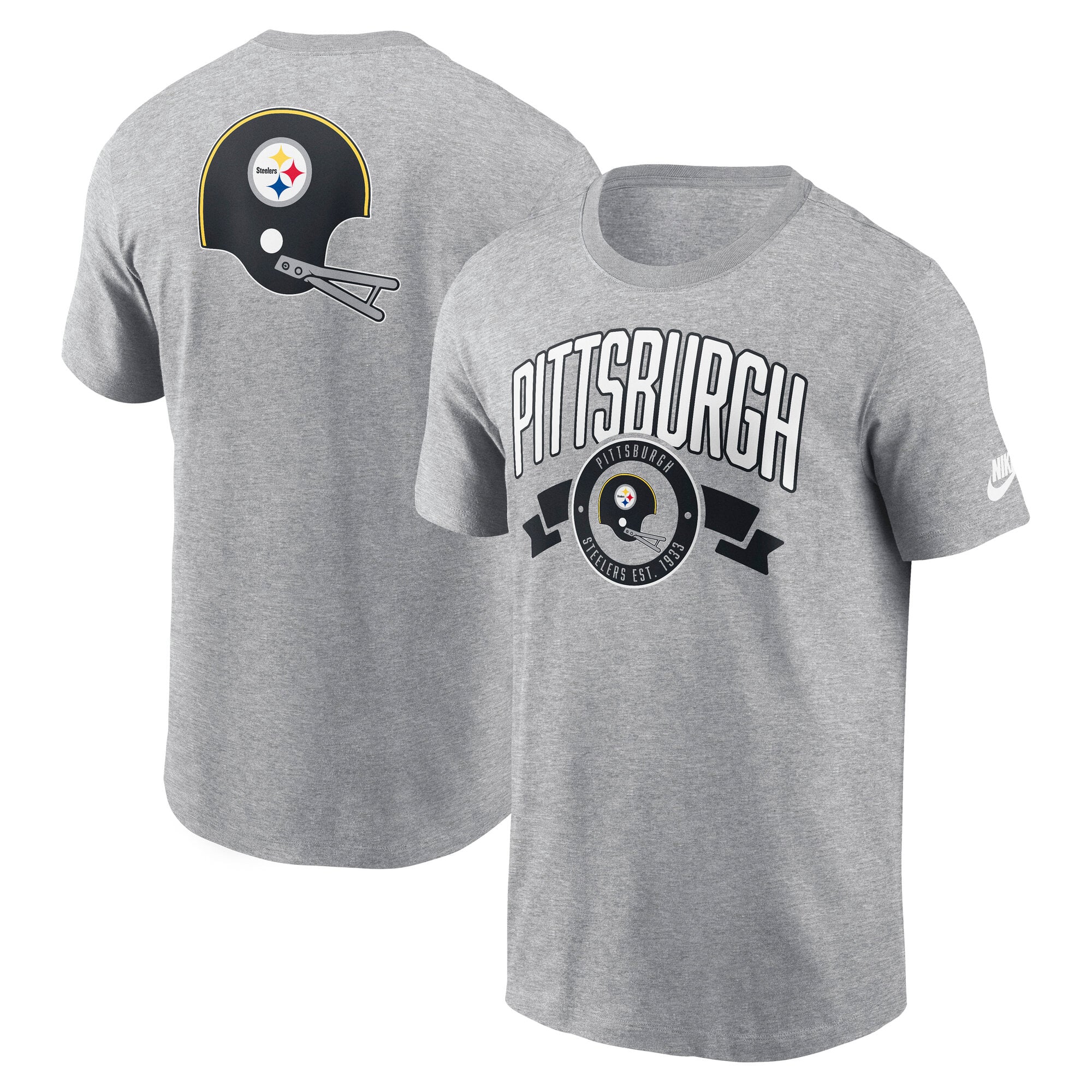 T-shirt Nike pour homme, gris chiné, Pittsburgh Steelers, imprimé Rewind à l'avant et l'arrière.