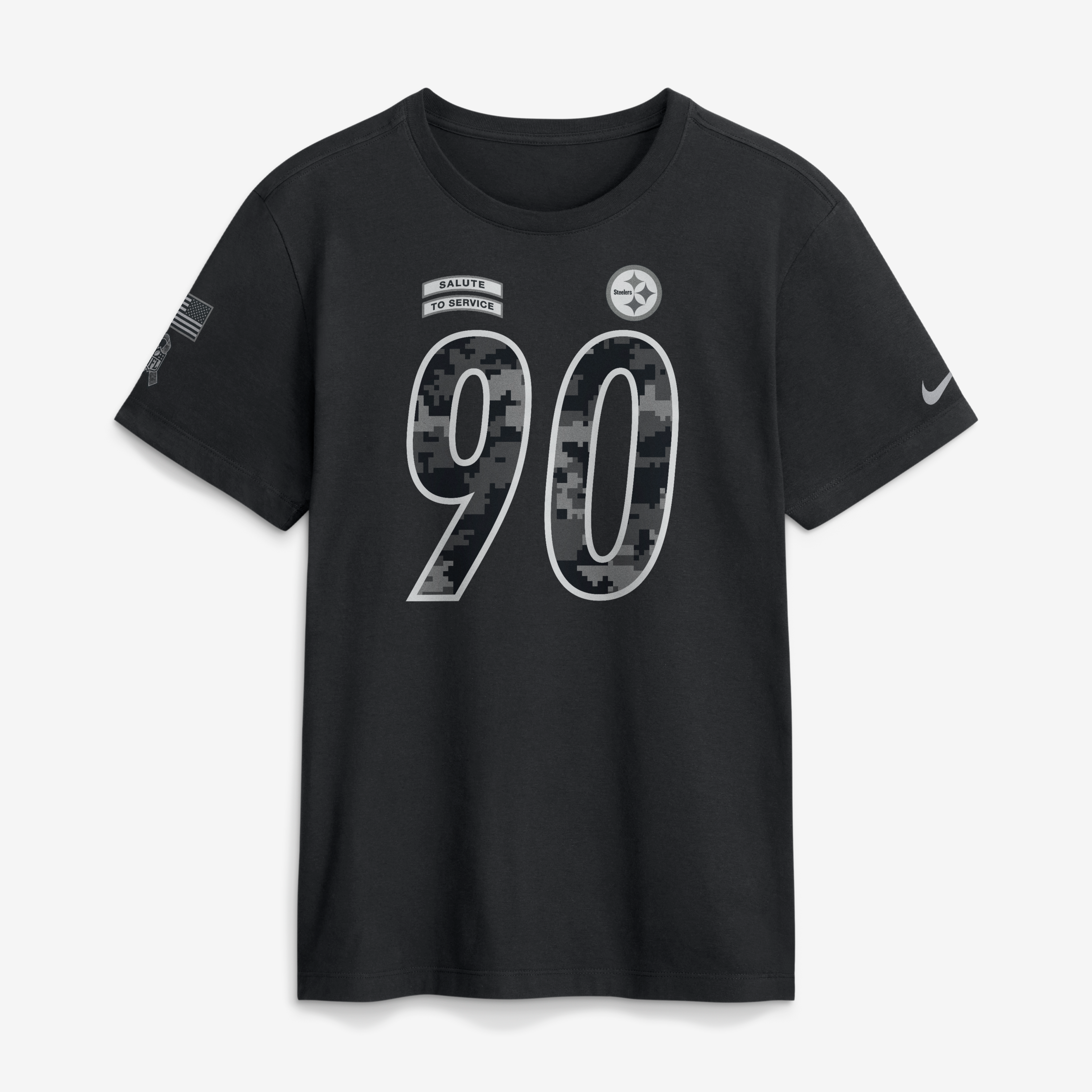 T-shirt Nike pour homme T.J. Watt noir Pittsburgh Steelers 2026 Salute to Service avec nom et numéro
