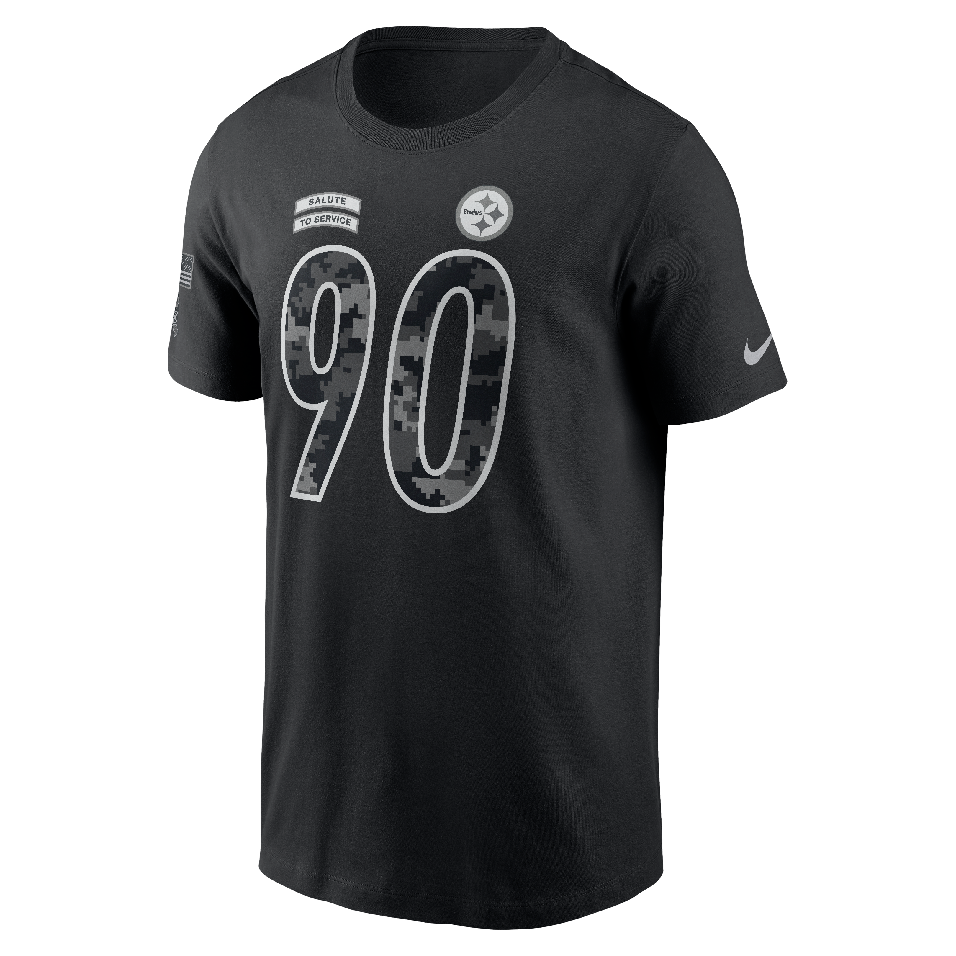 T-shirt Nike pour homme T.J. Watt noir Pittsburgh Steelers 2026 Salute to Service avec nom et numéro