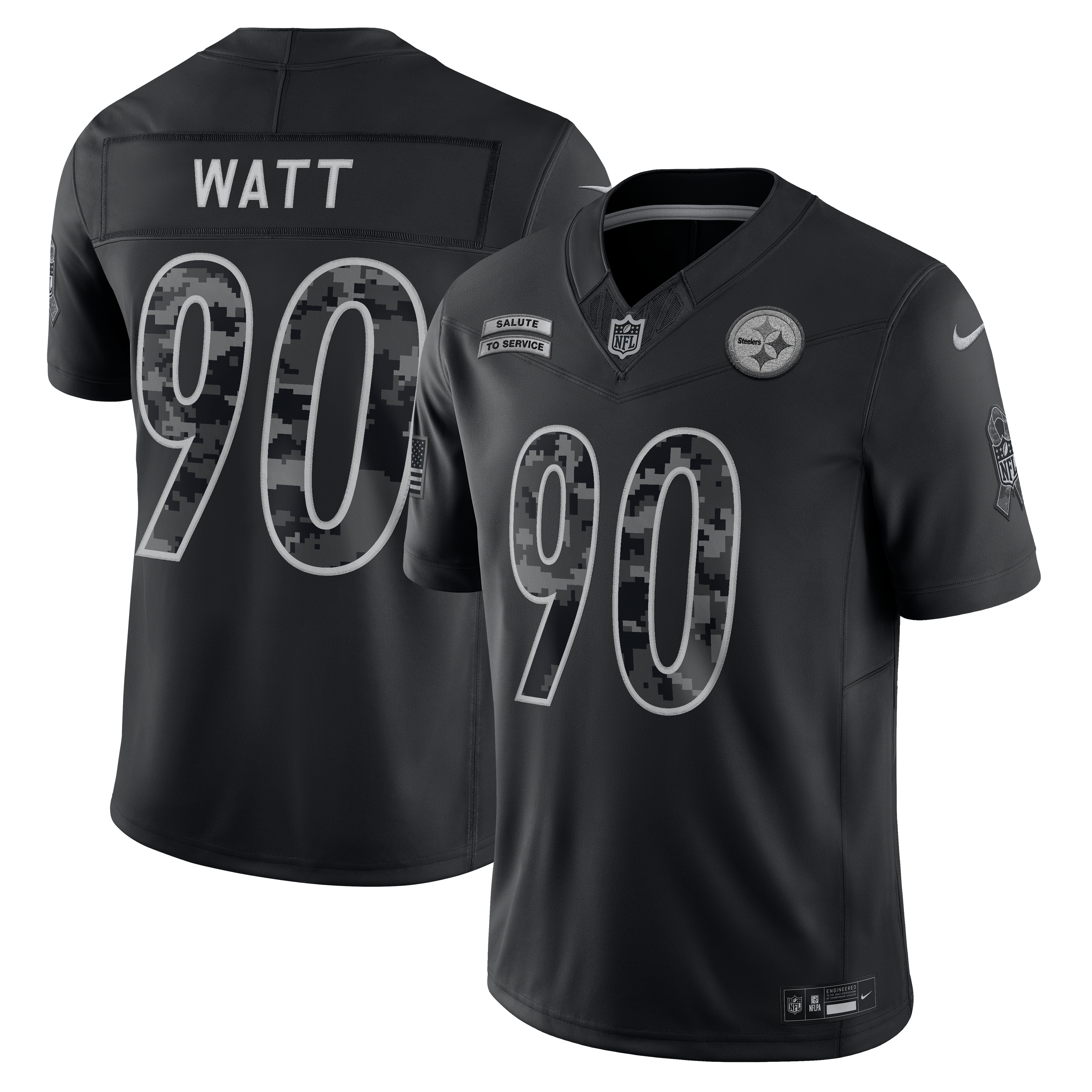 Maillot Nike T.J. Watt noir Pittsburgh Steelers 2026 Salute to Service, édition limitée cousue, pour homme