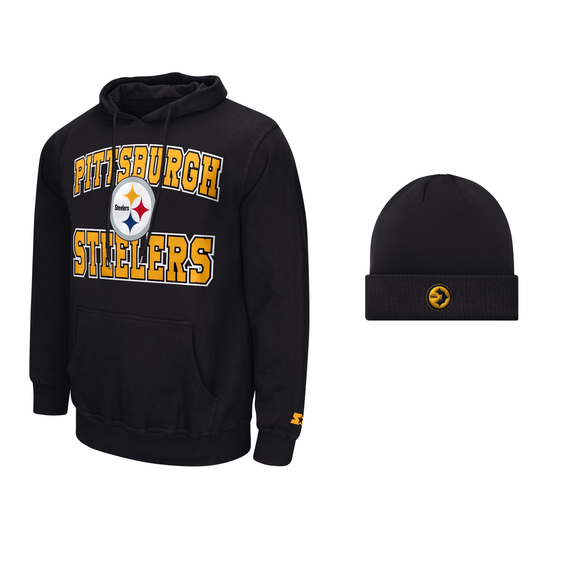 Men's Starter Black Pittsburgh Steelers Hoodie and Cuffed Knit Hat Combo Pack