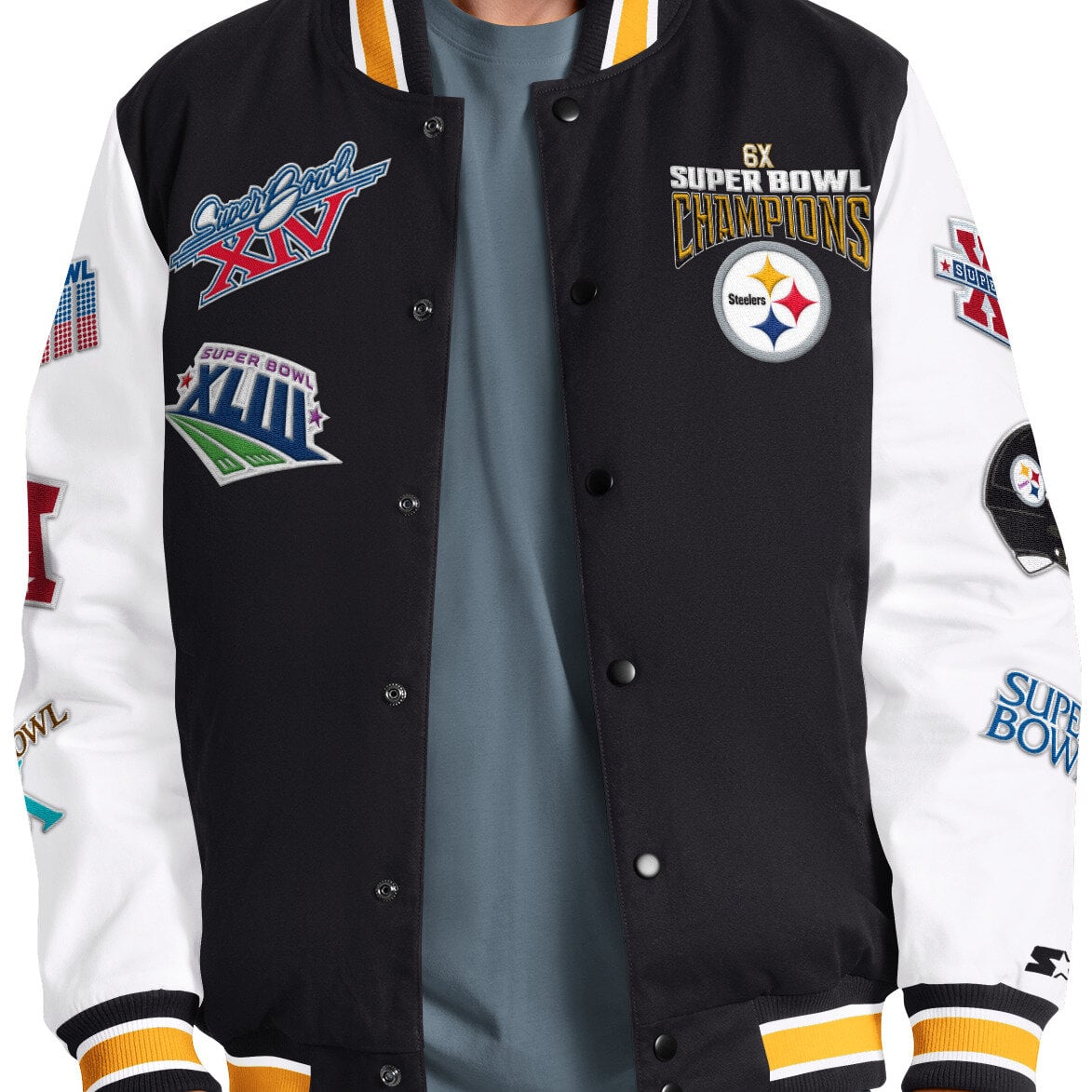 Men's Starter Black Pittsburgh Steelers Playoffs Varsity Full-Snap Jacket