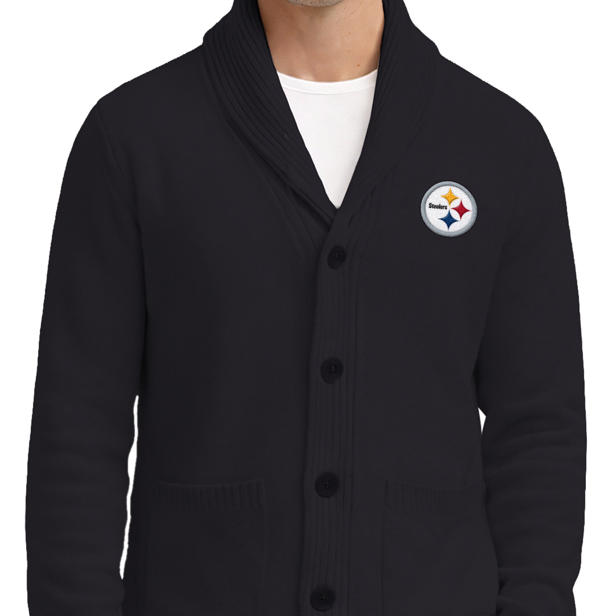 Men's Starter Black Pittsburgh Steelers Shawl Collar Heavy Knit Cardigan Sweater