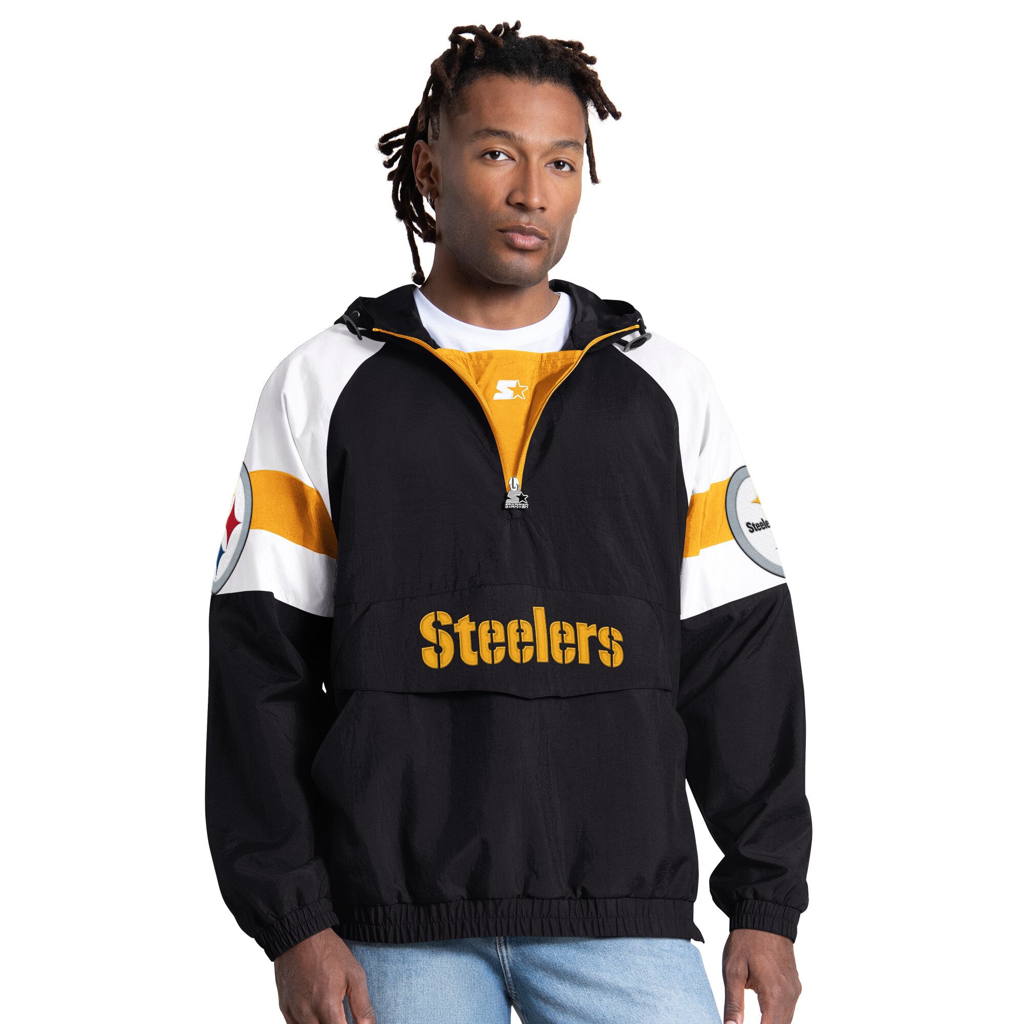 Men's Starter Black Pittsburgh Steelers Street Cut Half-Zip Jacket