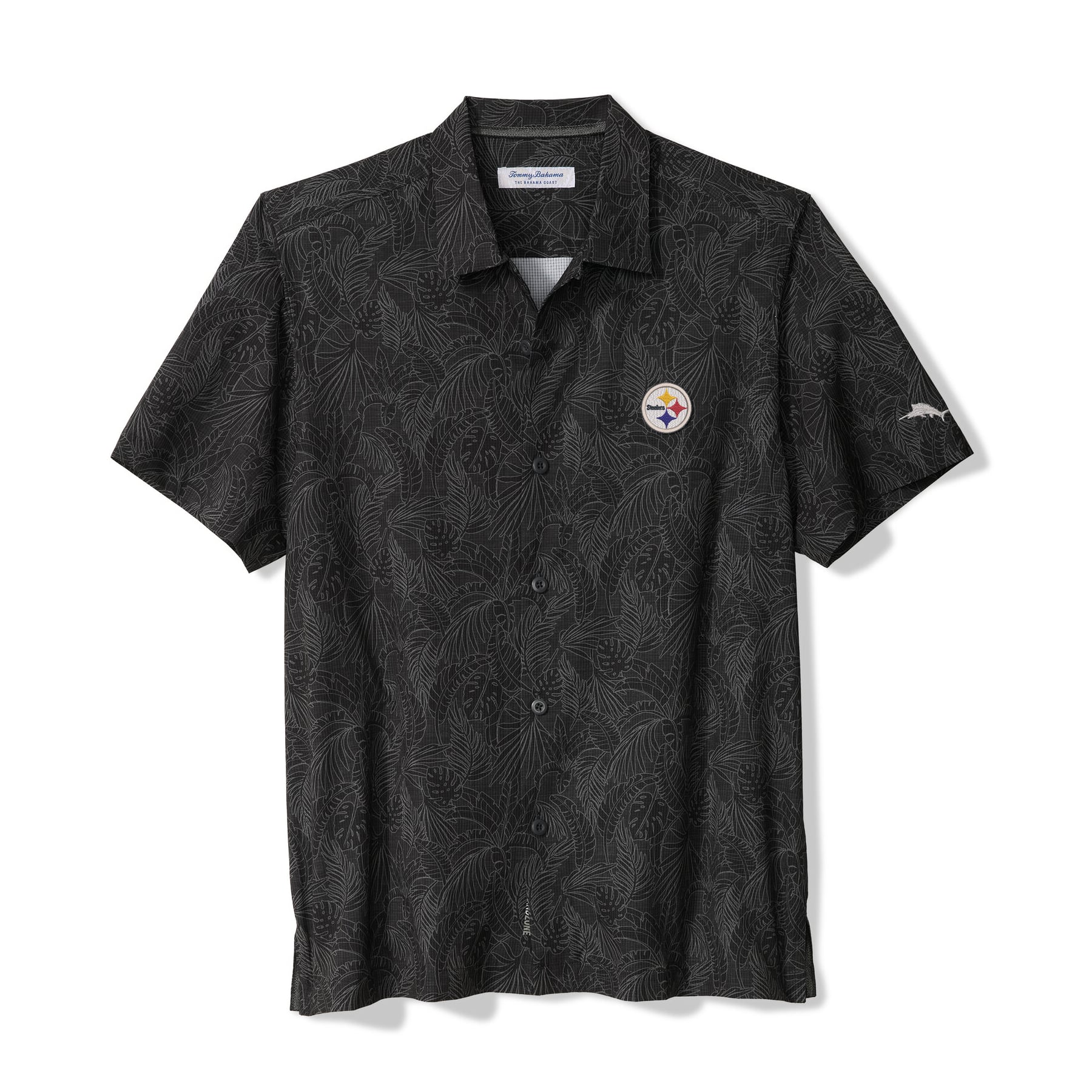 Chemise à manches courtes boutonnée Tommy Bahama noire Pittsburgh Steelers Saltwater Fronds pour homme