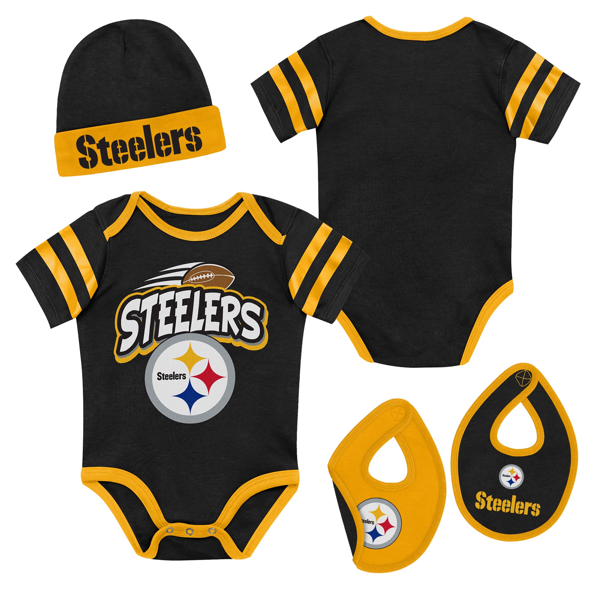 Newborn Outerstuff Black Pittsburgh Steelers Pint Prodigy Bodysuit, Bib & Cuffed Knit Hat Set