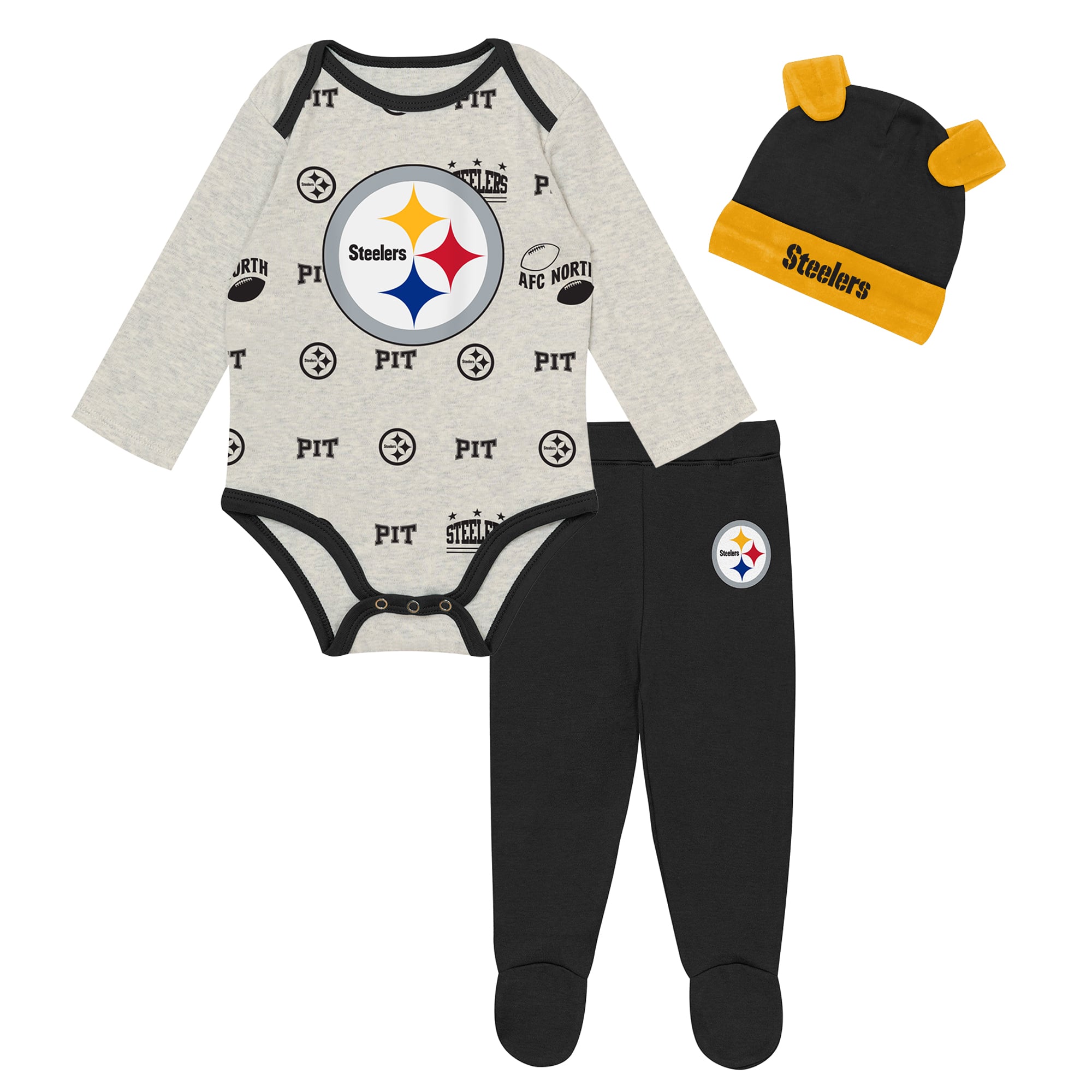 Ensemble pantalon et bonnet 3 pièces pour nouveau-né Outerstuff Heather Gray Pittsburgh Steelers Huddles & Giggles