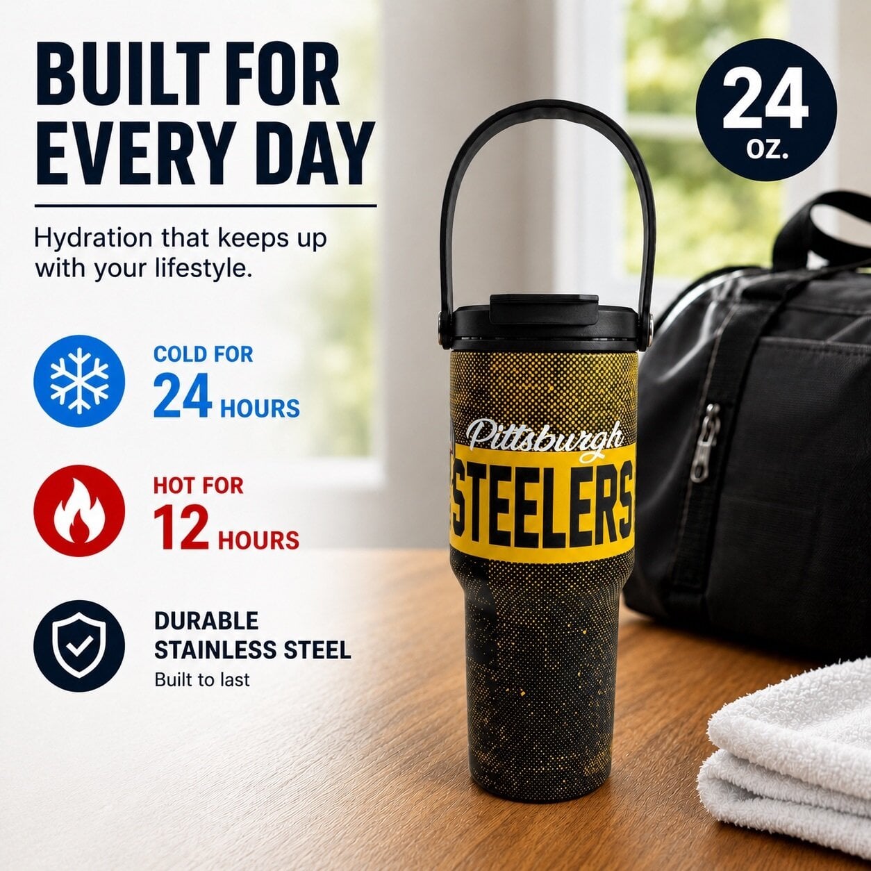 Gourde Pegasus Pittsburgh Steelers 710 ml (24 oz) en acier inoxydable à double bouchon et motif moucheté dégradé