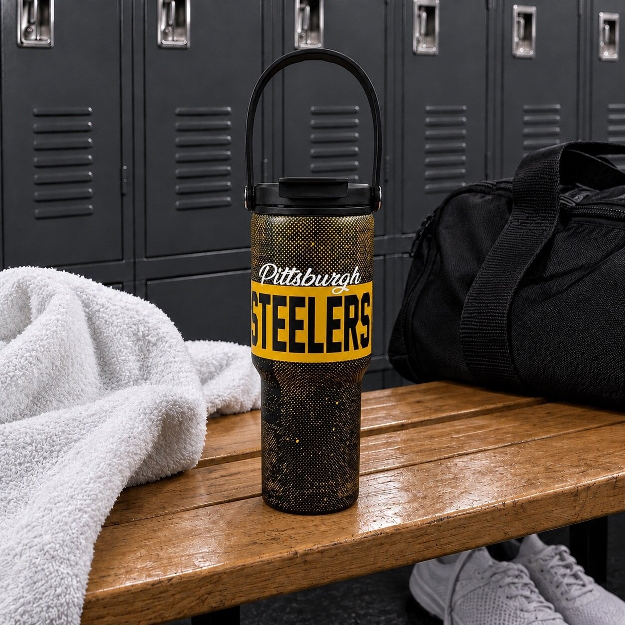 Gourde Pegasus Pittsburgh Steelers 710 ml (24 oz) en acier inoxydable à double bouchon et motif moucheté dégradé