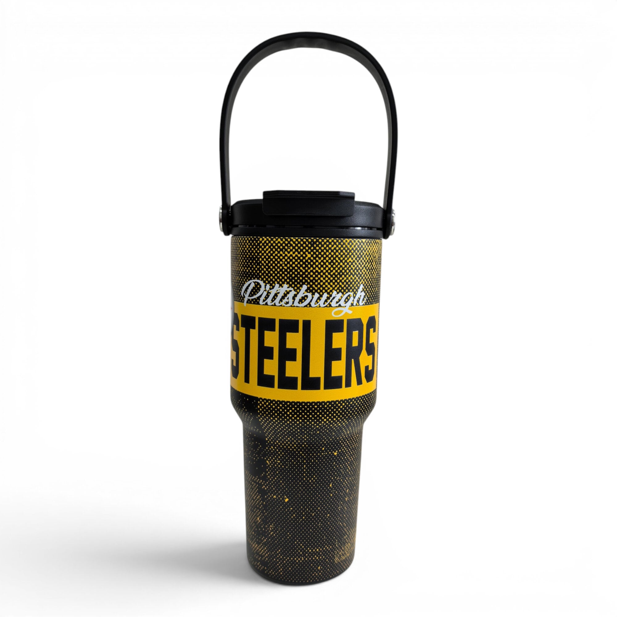 Gourde Pegasus Pittsburgh Steelers 710 ml (24 oz) en acier inoxydable à double bouchon et motif moucheté dégradé