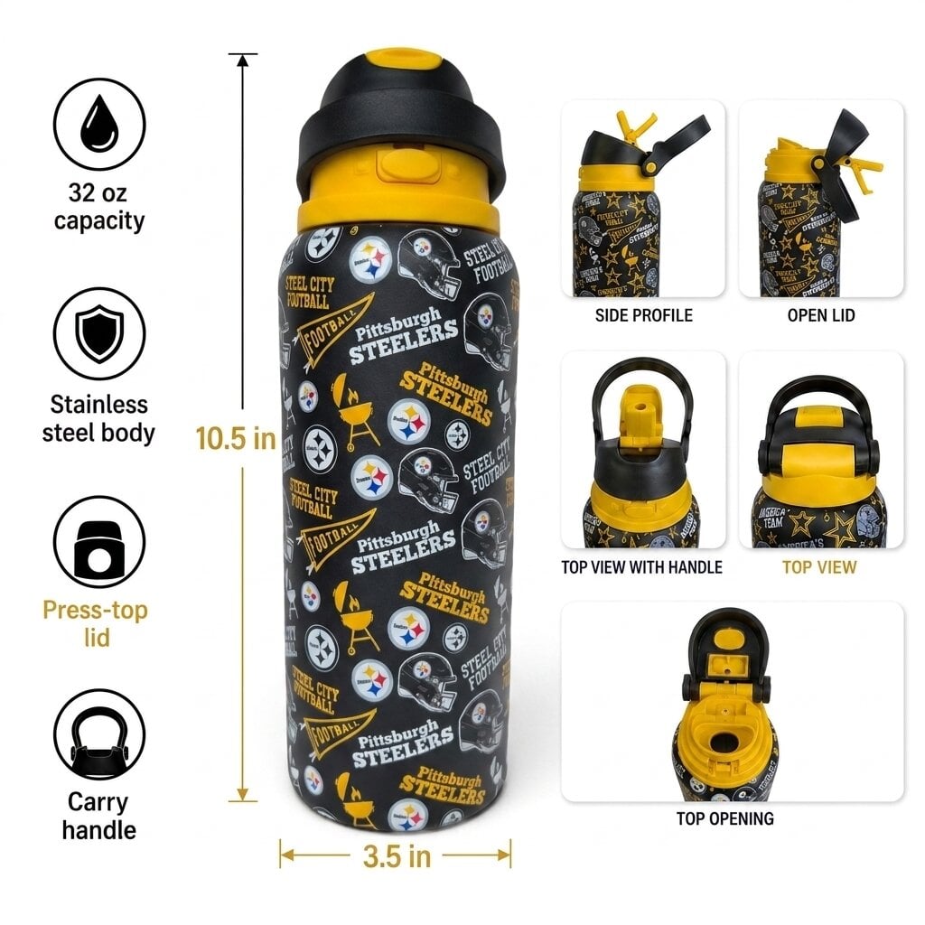Gourde Pegasus Pittsburgh Steelers 32 oz, fanion de match, en acier inoxydable ProPress