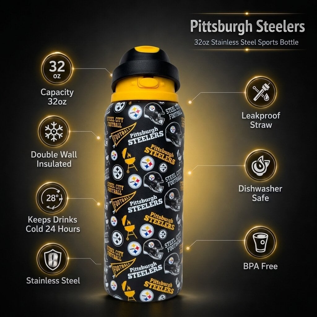 Gourde Pegasus Pittsburgh Steelers 32 oz, fanion de match, en acier inoxydable ProPress