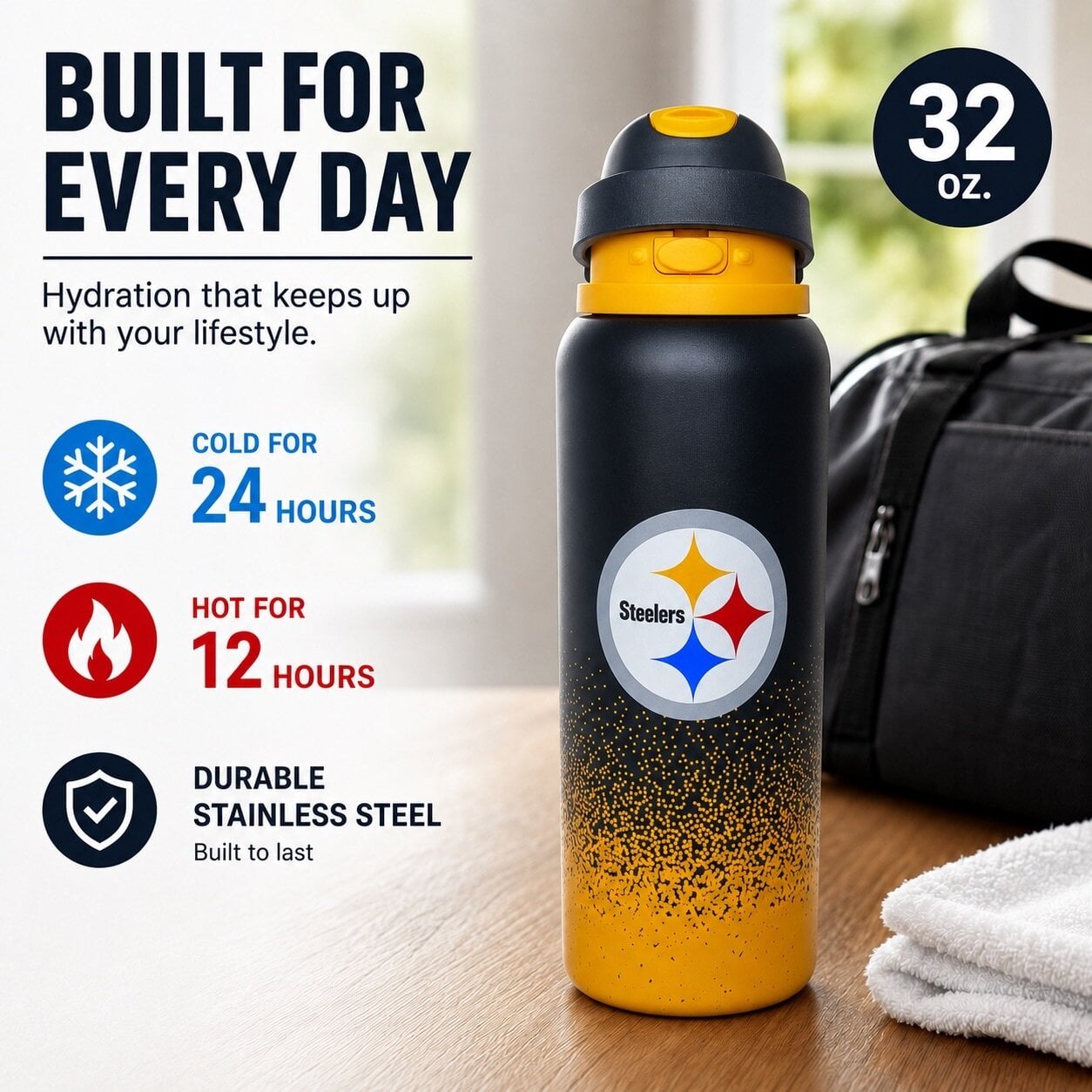 Gourde Pegasus Pittsburgh Steelers 946 ml (32 oz) en acier inoxydable dégradé ProFlow