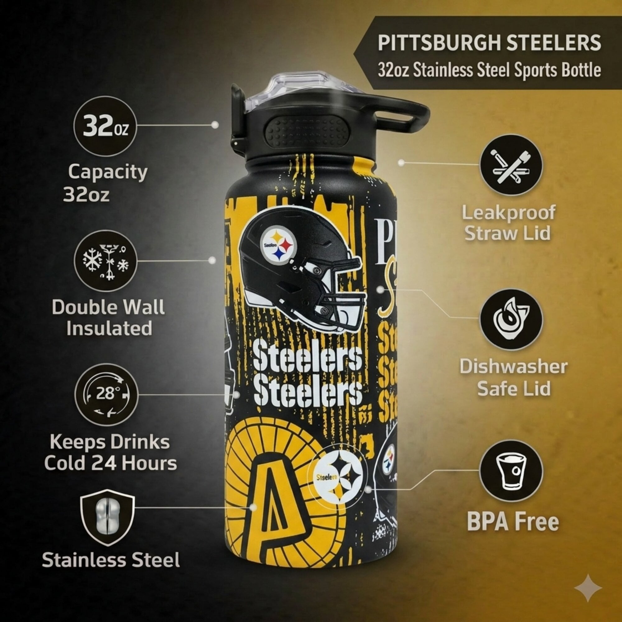 Gourde Pegasus Pittsburgh Steelers 32 oz Home Field Mashup en acier inoxydable ProPress