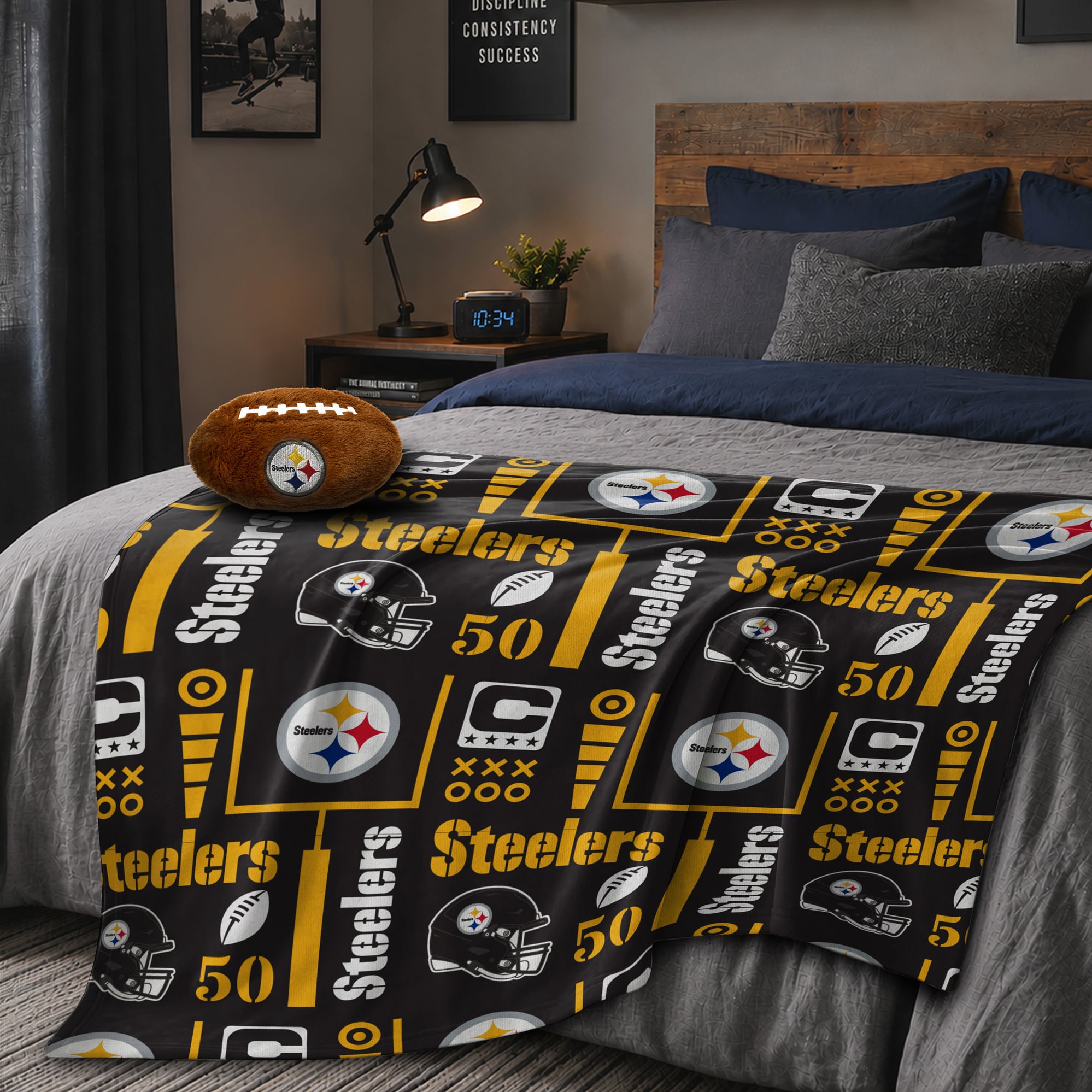 Pegasus Pittsburgh Steelers 50" x 60" Blackout Team Spirit Ultra Soft Throw & Plush Football Combo Pack