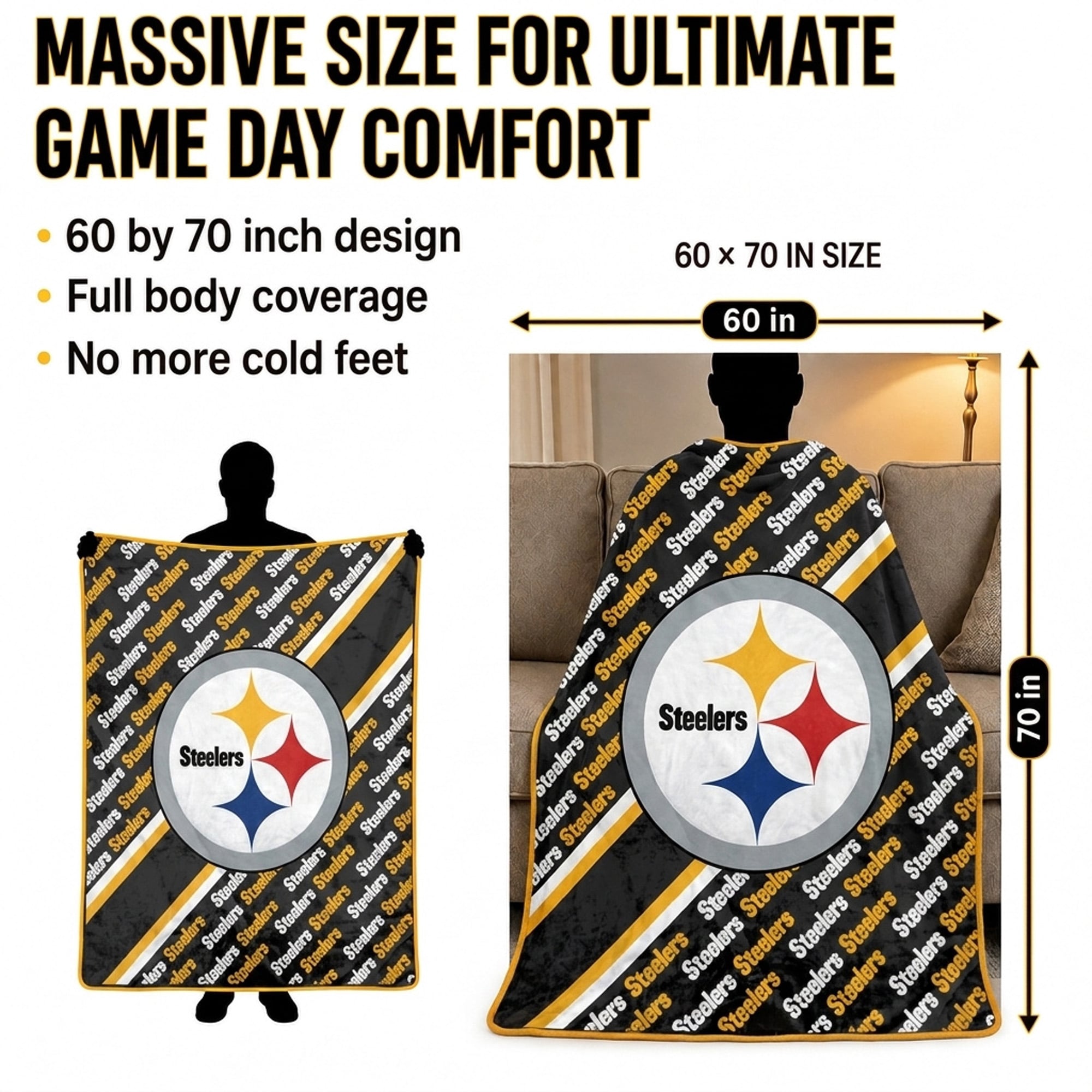 Pegasus Pittsburgh Steelers 60" x 70" Diagonal Lined Wordmark Ultra Soft Blanket