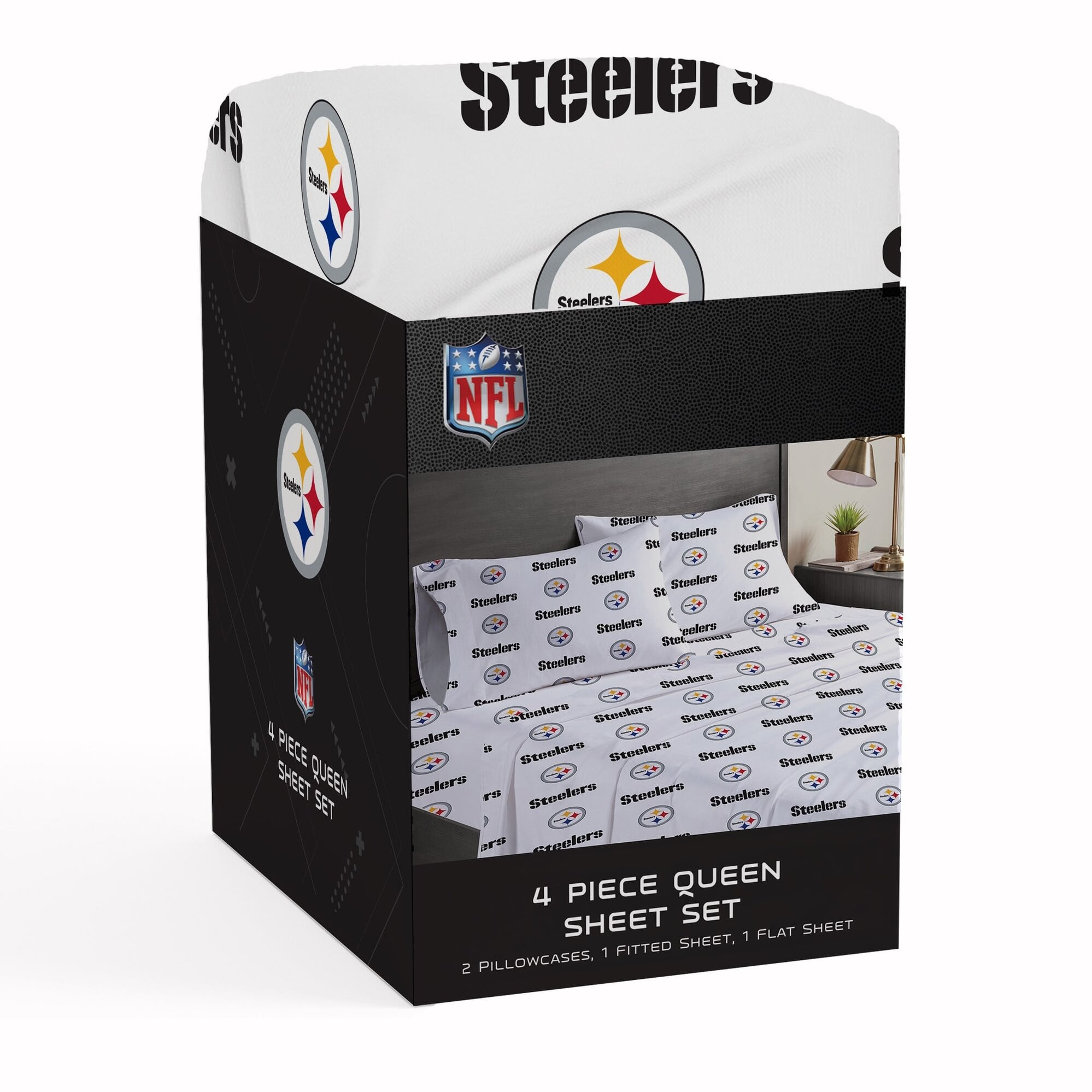 Ensemble de draps quatre pièces Pegasus Pittsburgh Steelers pour lit queen