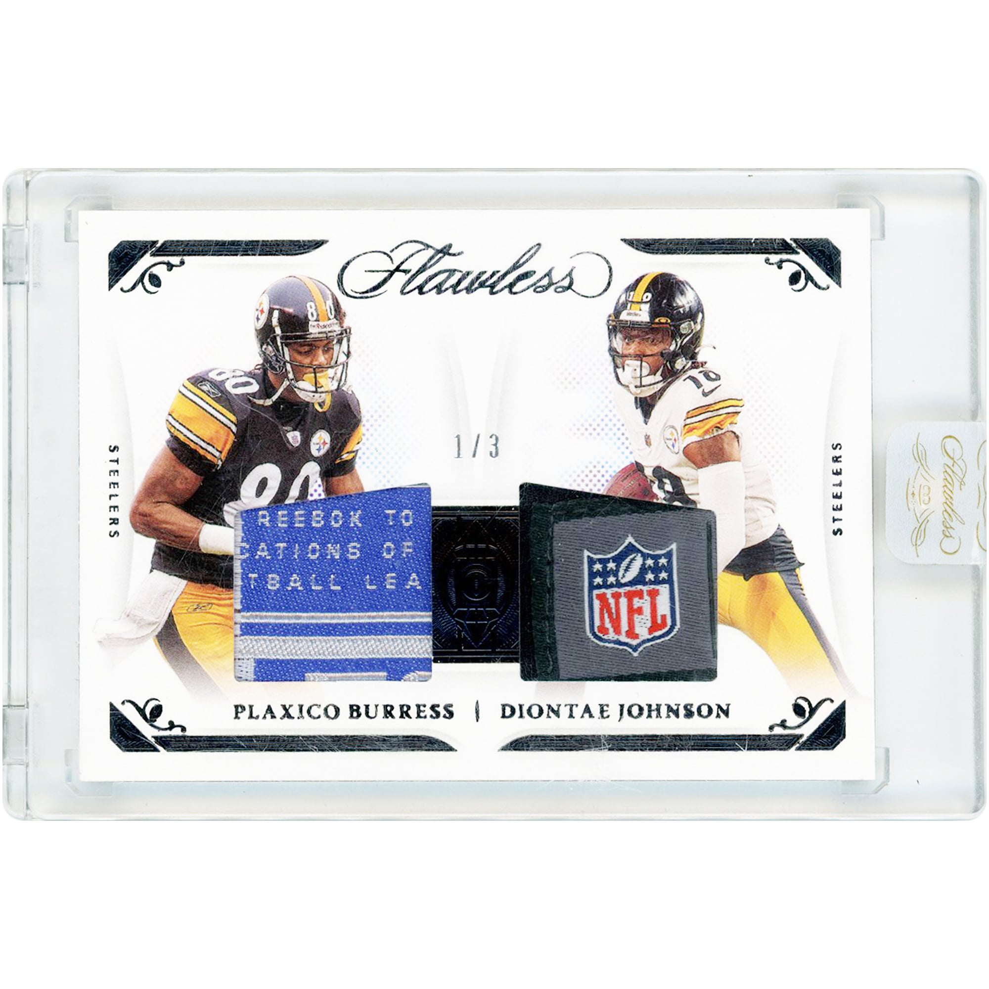 Carte Panini Flawless Black Dual Relics Reebok & NFL Crest Laundry Tag Relics 2021 des Steelers de Pittsburgh, Plaxico Burress et Diontae Johnson #DD16 #1/3