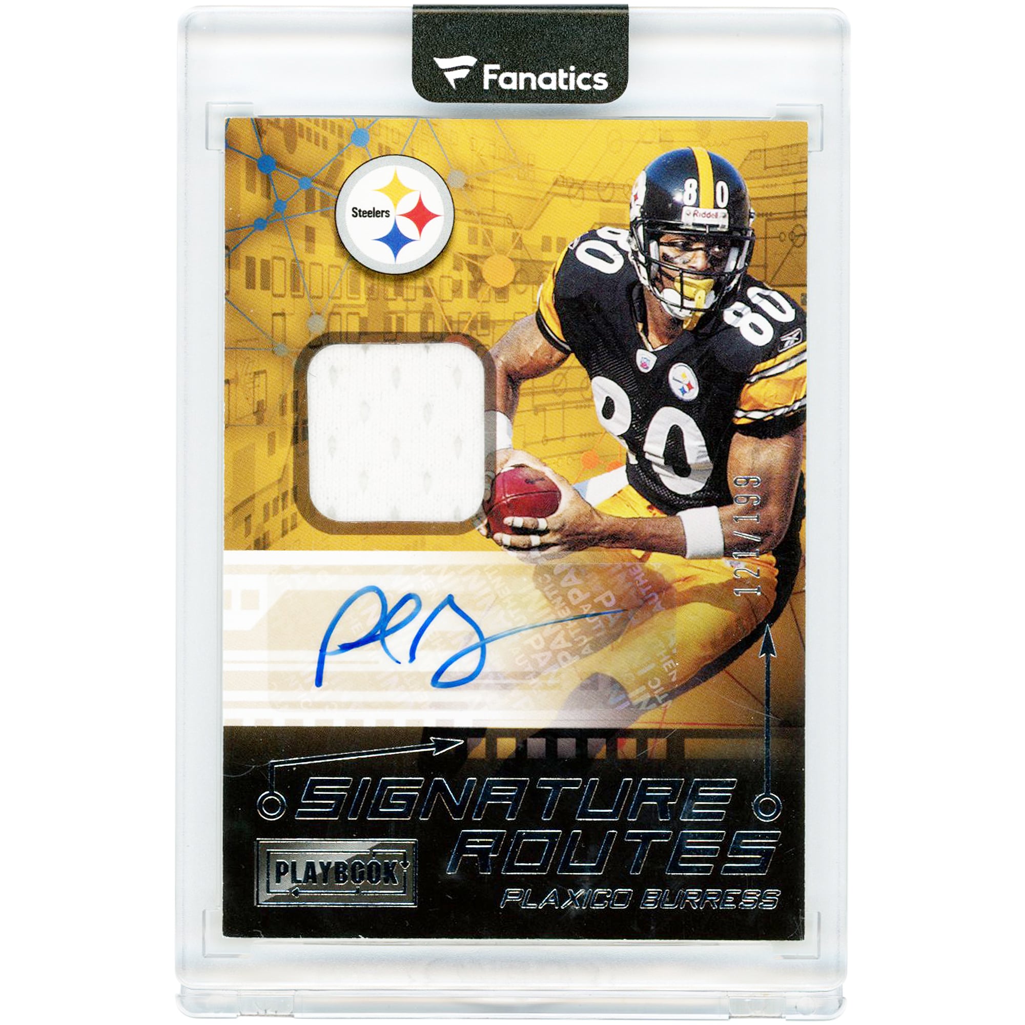 Plaxico Burress Pittsburgh Steelers Autographed 2021 Panini Playbook Signature Routes Jersey Relic #SRO-PBU #121/199 Card