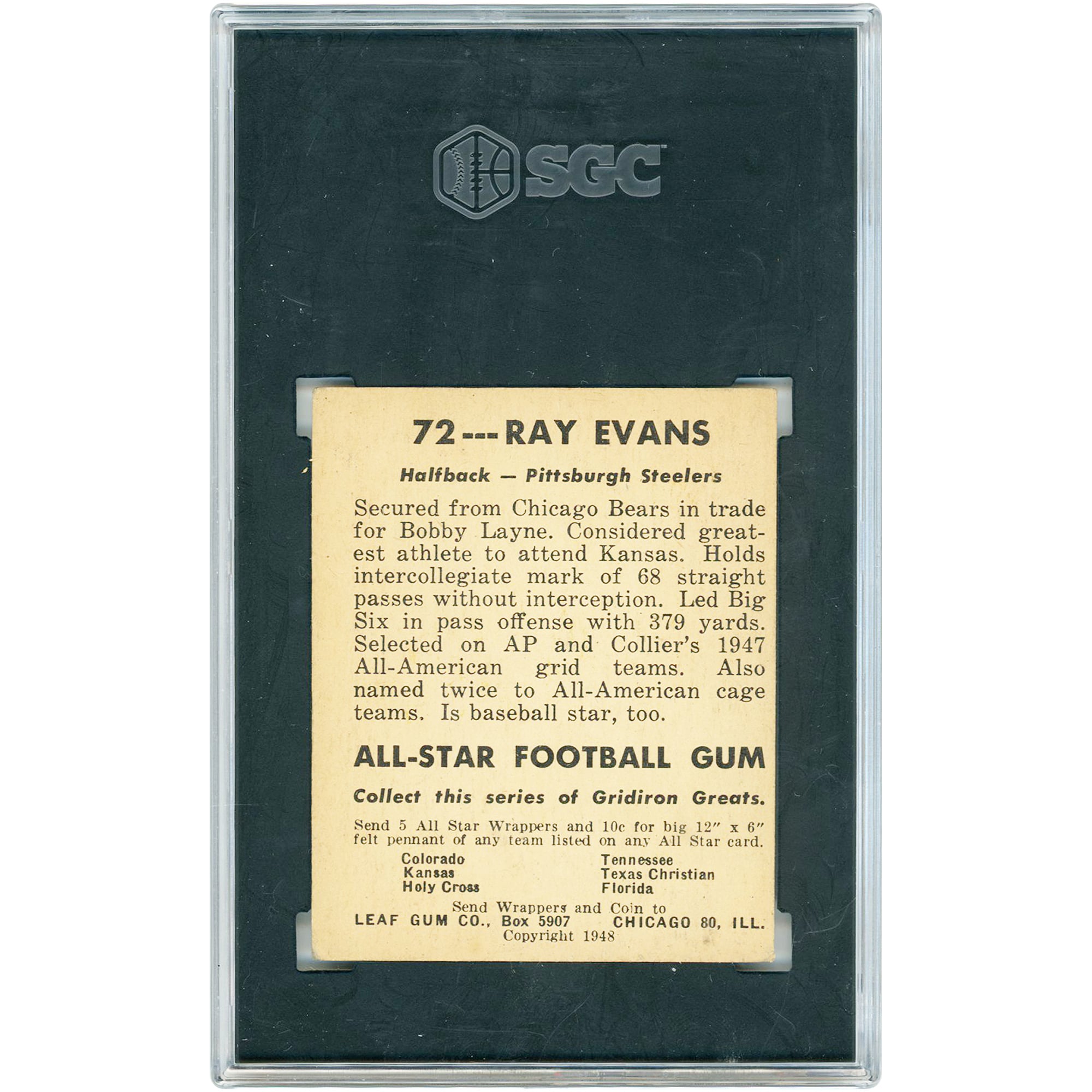 Ray Evans Pittsburgh Steelers 1948 Leaf Gum Co. #72 SGC Authenticated 3 Rookie Card
