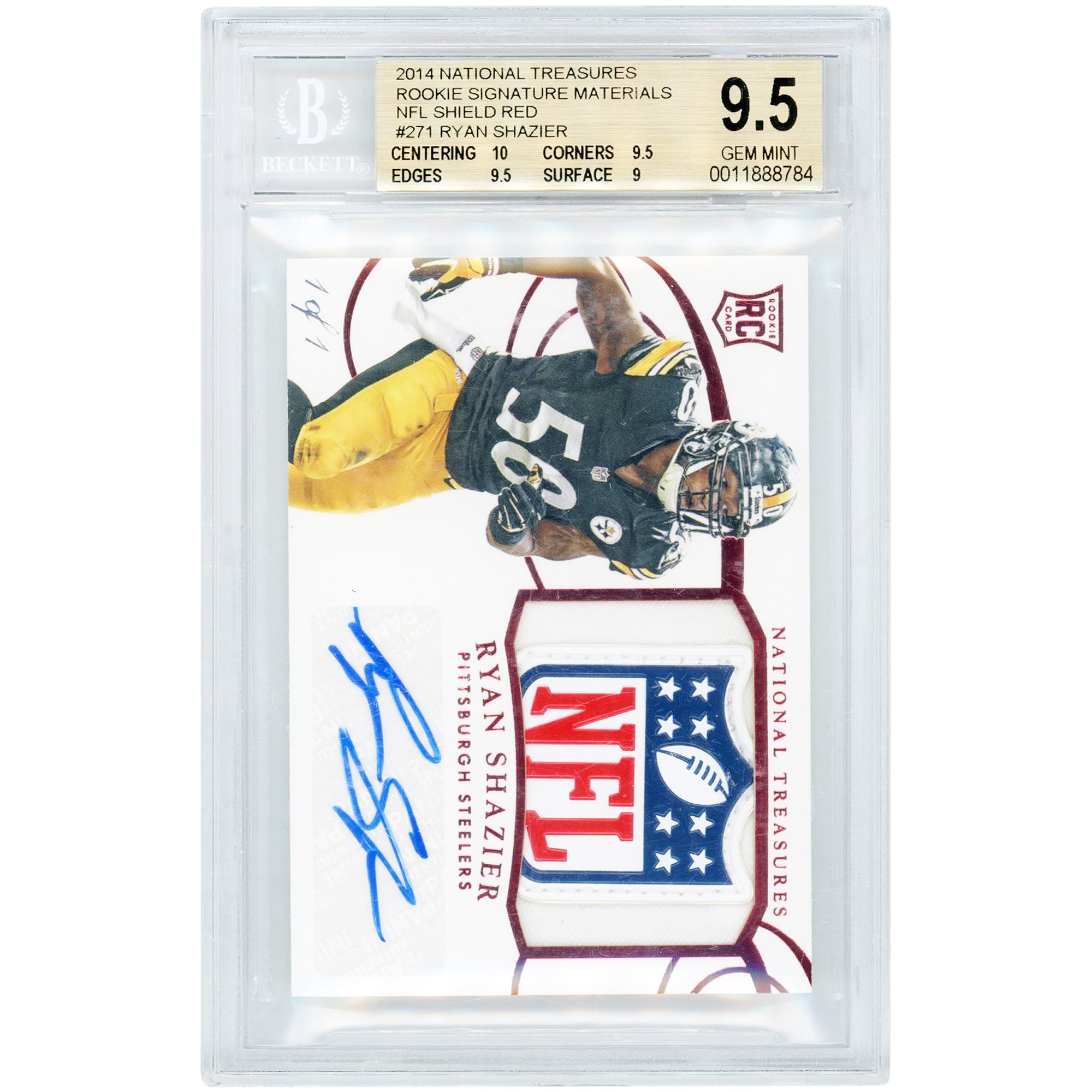 Carte de recrue autographiée de Ryan Shazier (Pittsburgh Steelers), collection Panini National Treasures 2014, Signature Materials, NFL Shield Red, n° 271, n° 1/1, authentifiée BGS 9,5/9 (sous-notes : 10, 9,5, 9,5, 9).