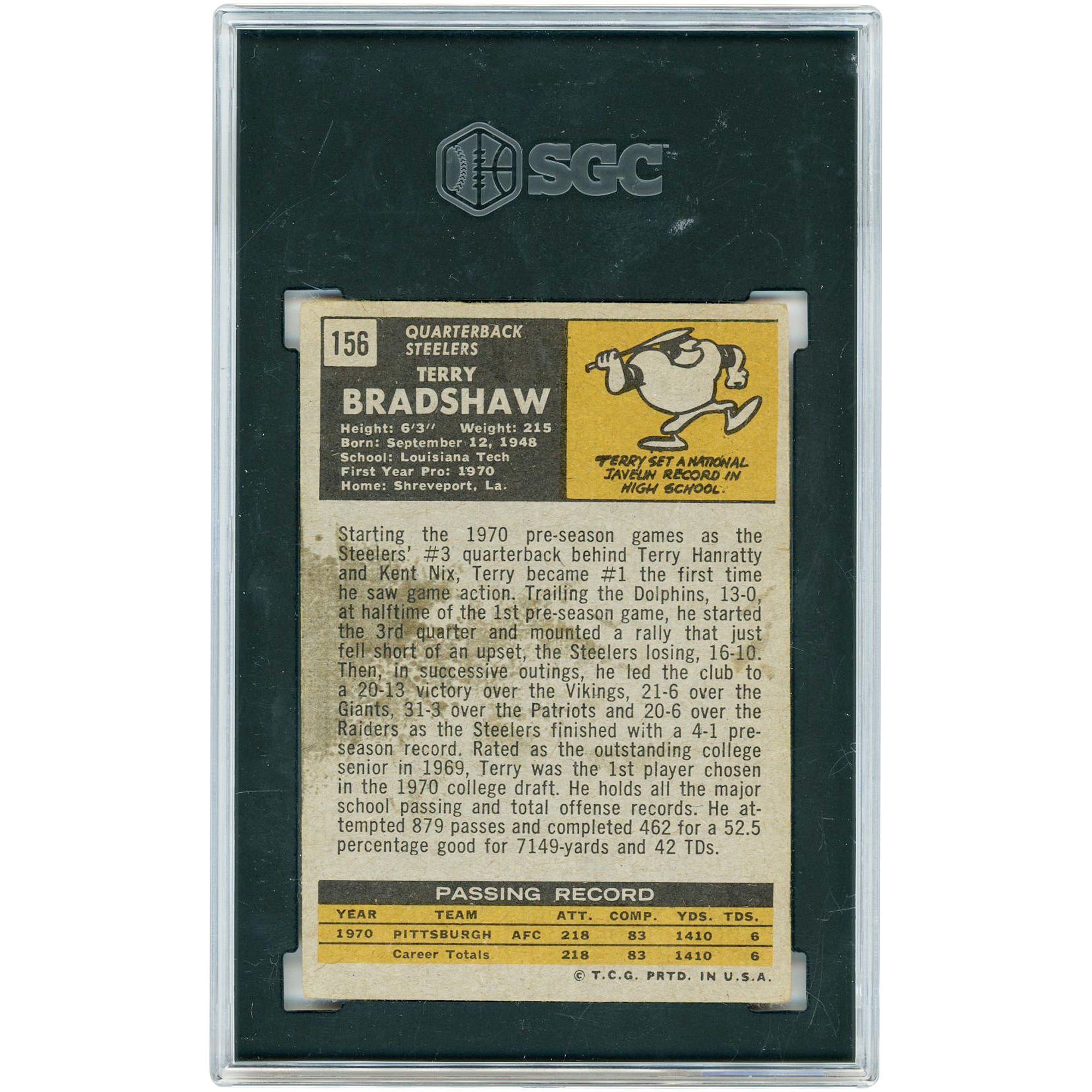 Terry Bradshaw Pittsburgh Steelers 1971 Topps #156 SGC Authenticated 3 Rookie Card