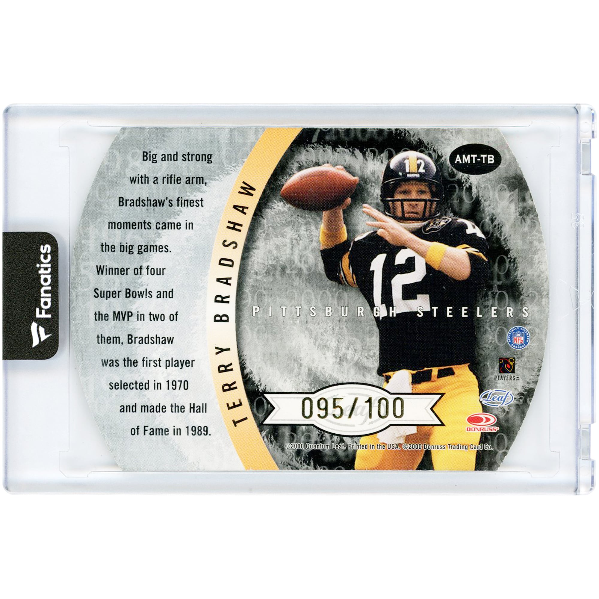 Carte autographiée de Terry Bradshaw (Pittsburgh Steelers) - Leaf Quantum All Millennium Team Gold 2000 #AMT-TB #95/100