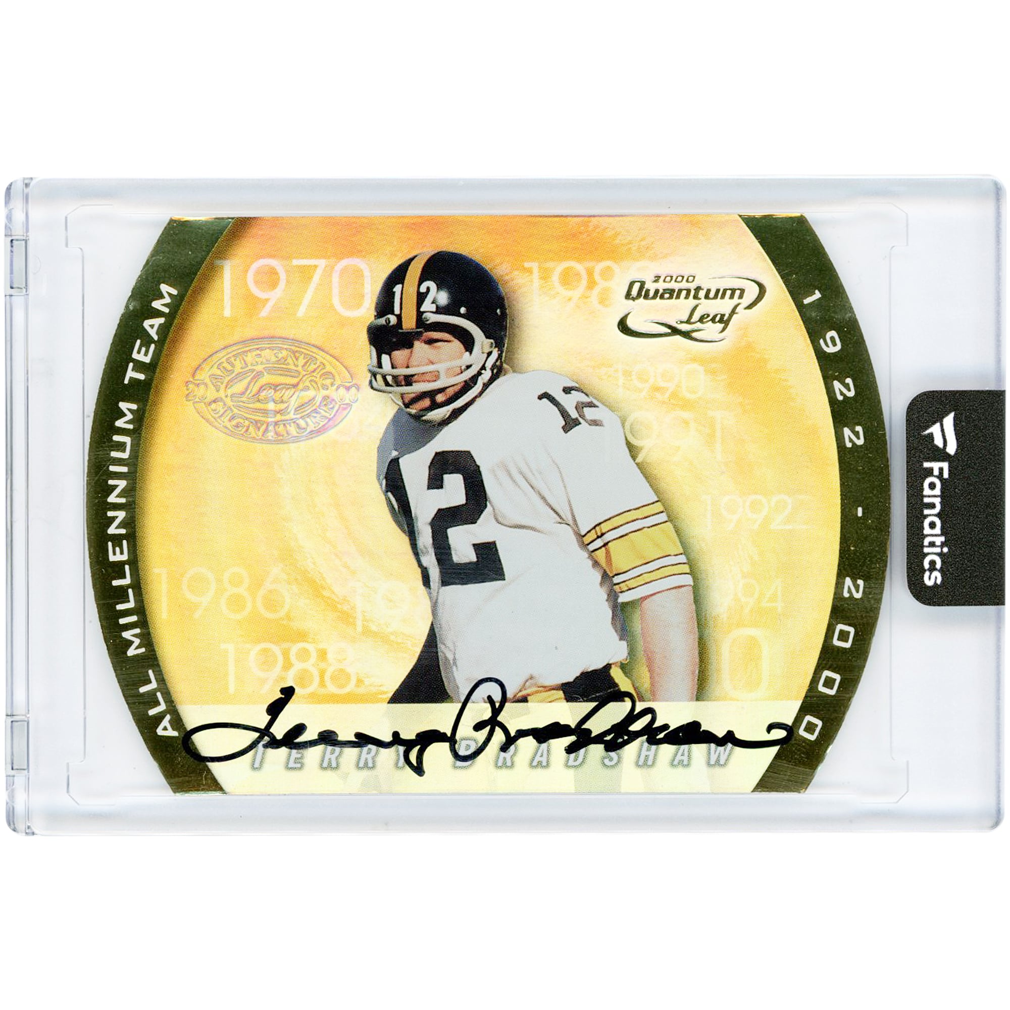 Carte autographiée de Terry Bradshaw (Pittsburgh Steelers) - Leaf Quantum All Millennium Team Gold 2000 #AMT-TB #95/100