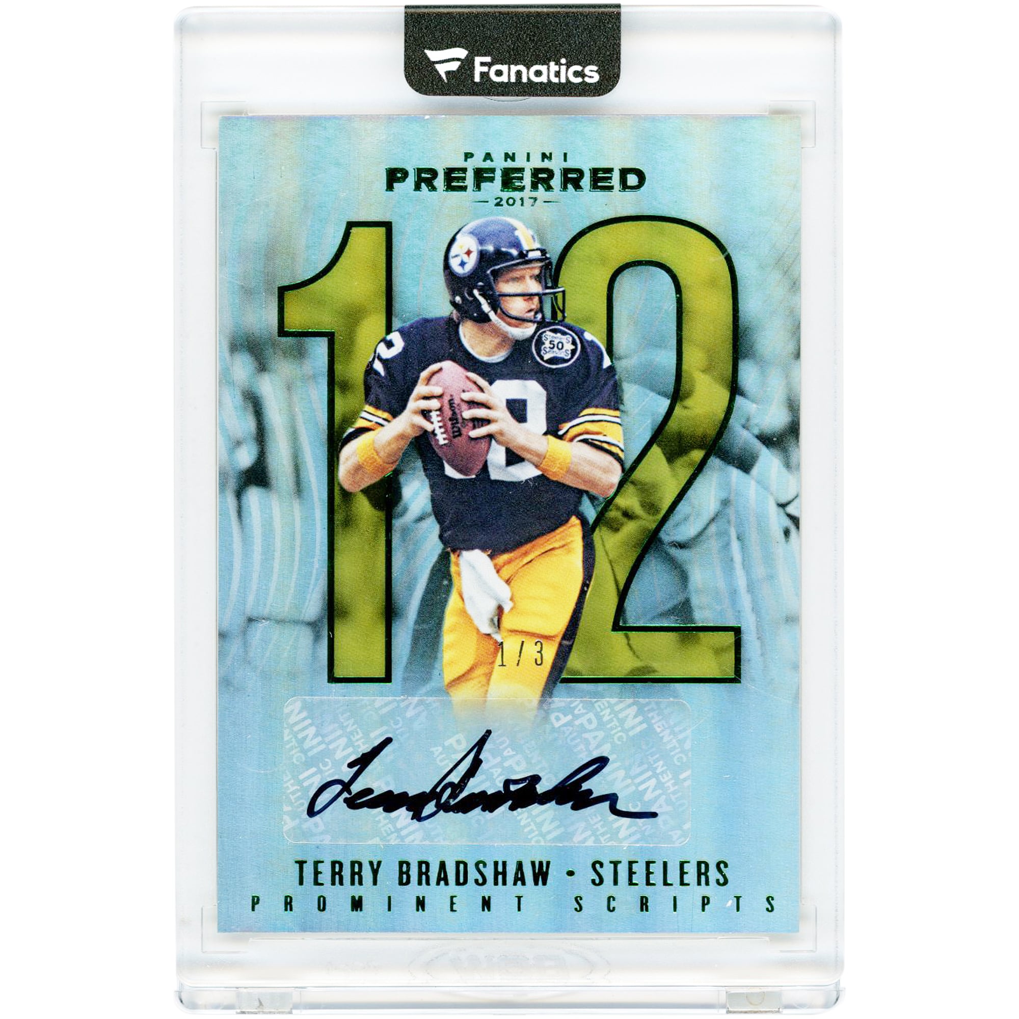 Terry Bradshaw Pittsburgh Steelers Autographed 2017 Panini Preferred Prominent Scripts Emerald #209 #1/3 Card