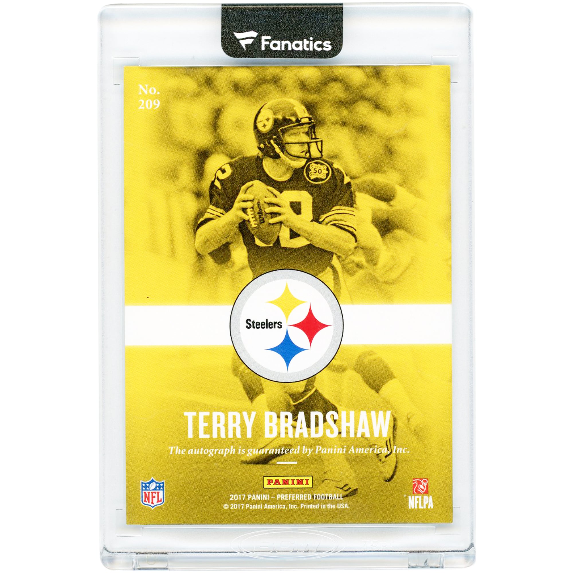 Terry Bradshaw Pittsburgh Steelers Autographed 2017 Panini Preferred Prominent Scripts Emerald #209 #1/3 Card