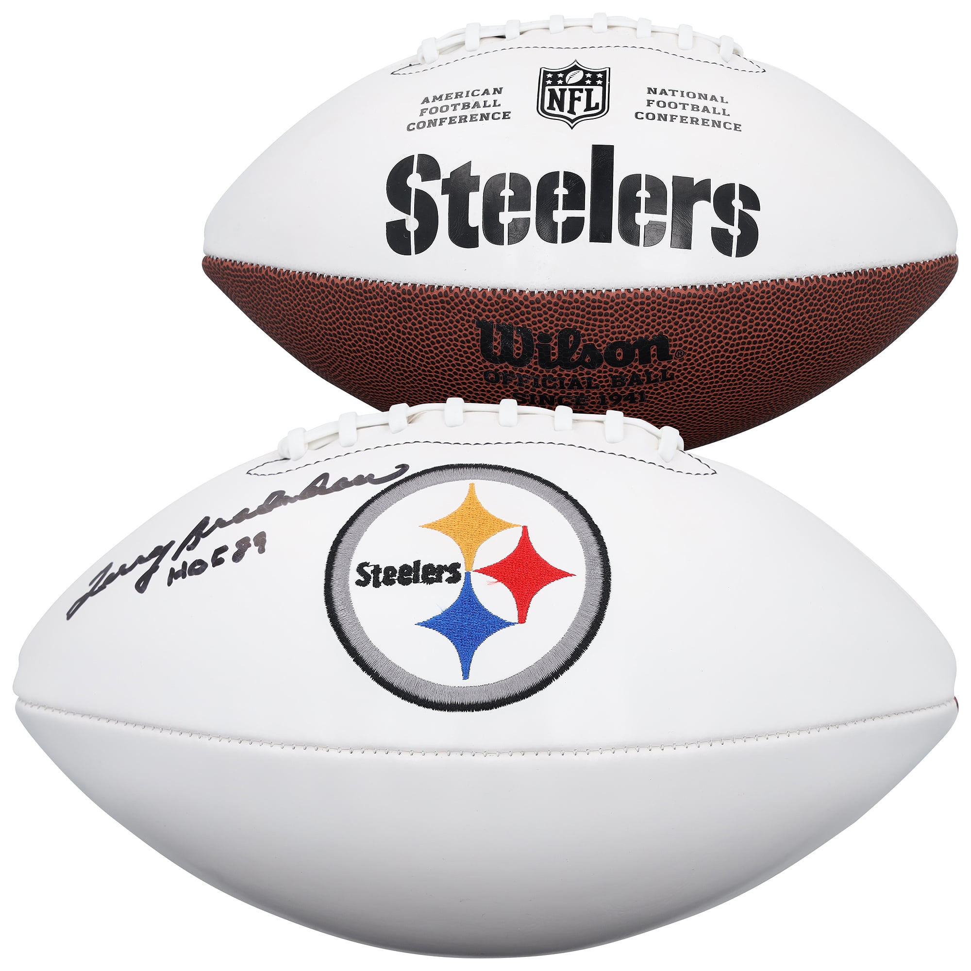 Ballon de football Wilson White Panel autographié par Terry Bradshaw des Steelers de Pittsburgh avec inscription « HOF 89 »