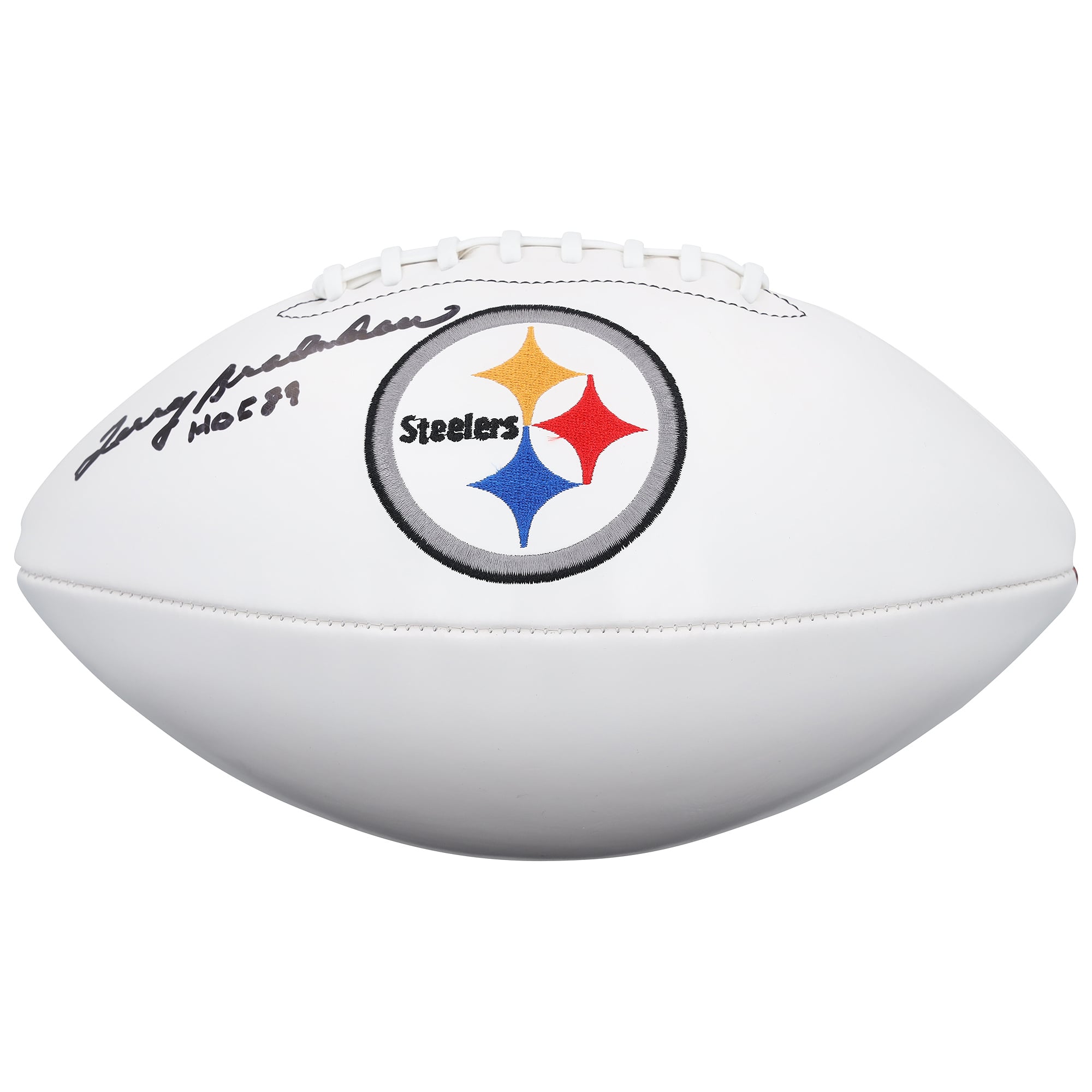 Ballon de football Wilson White Panel autographié par Terry Bradshaw des Steelers de Pittsburgh avec inscription « HOF 89 »