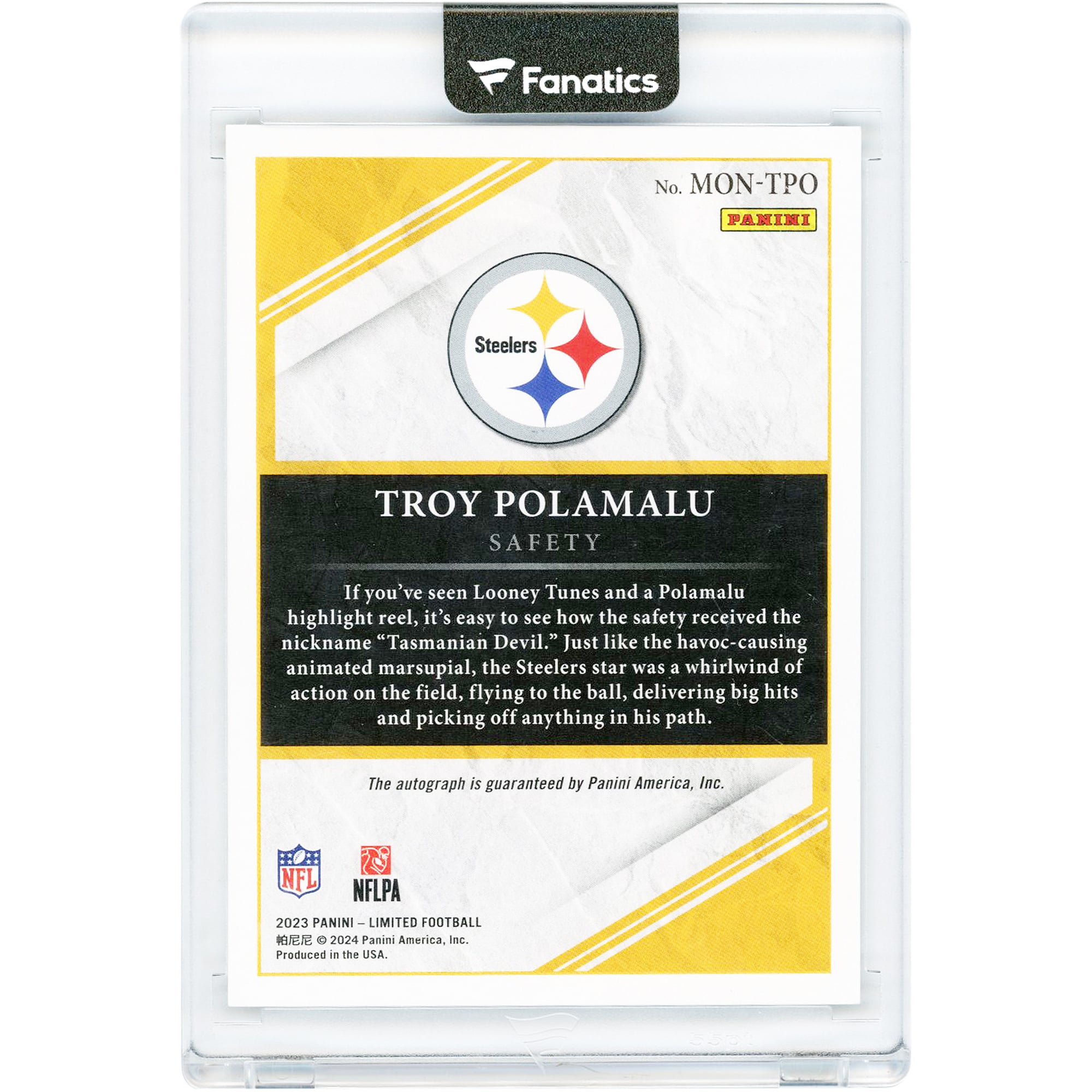 Troy Polamalu Pittsburgh Steelers Autographed 2023 Panini Limited Monikers #MON-TPO #5/10 Card