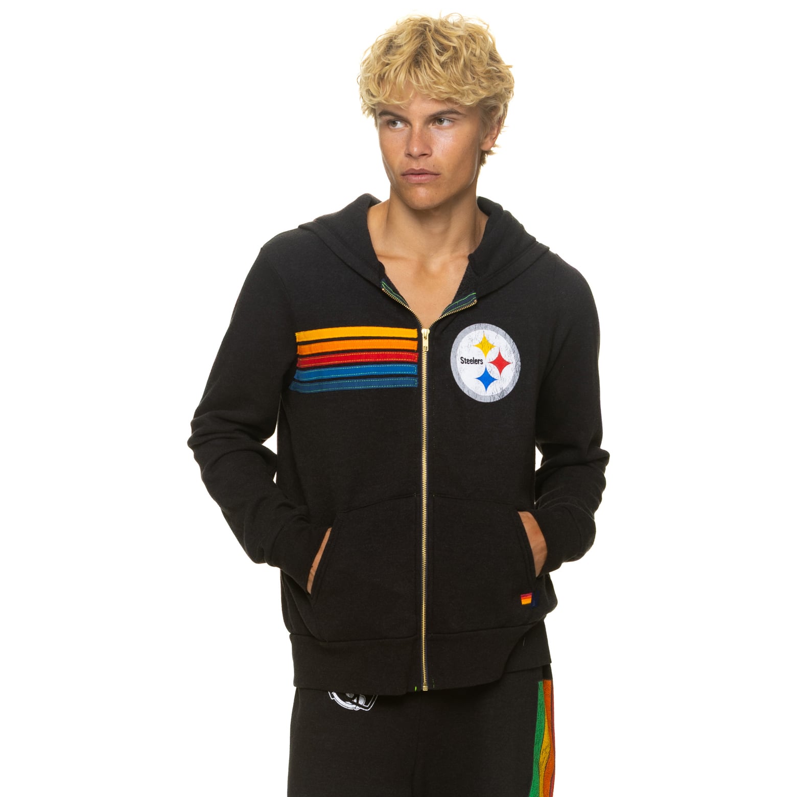 Sweat à capuche unisexe Aviator Nation noir Pittsburgh Steelers en mélange de trois matières, fermeture éclair intégrale