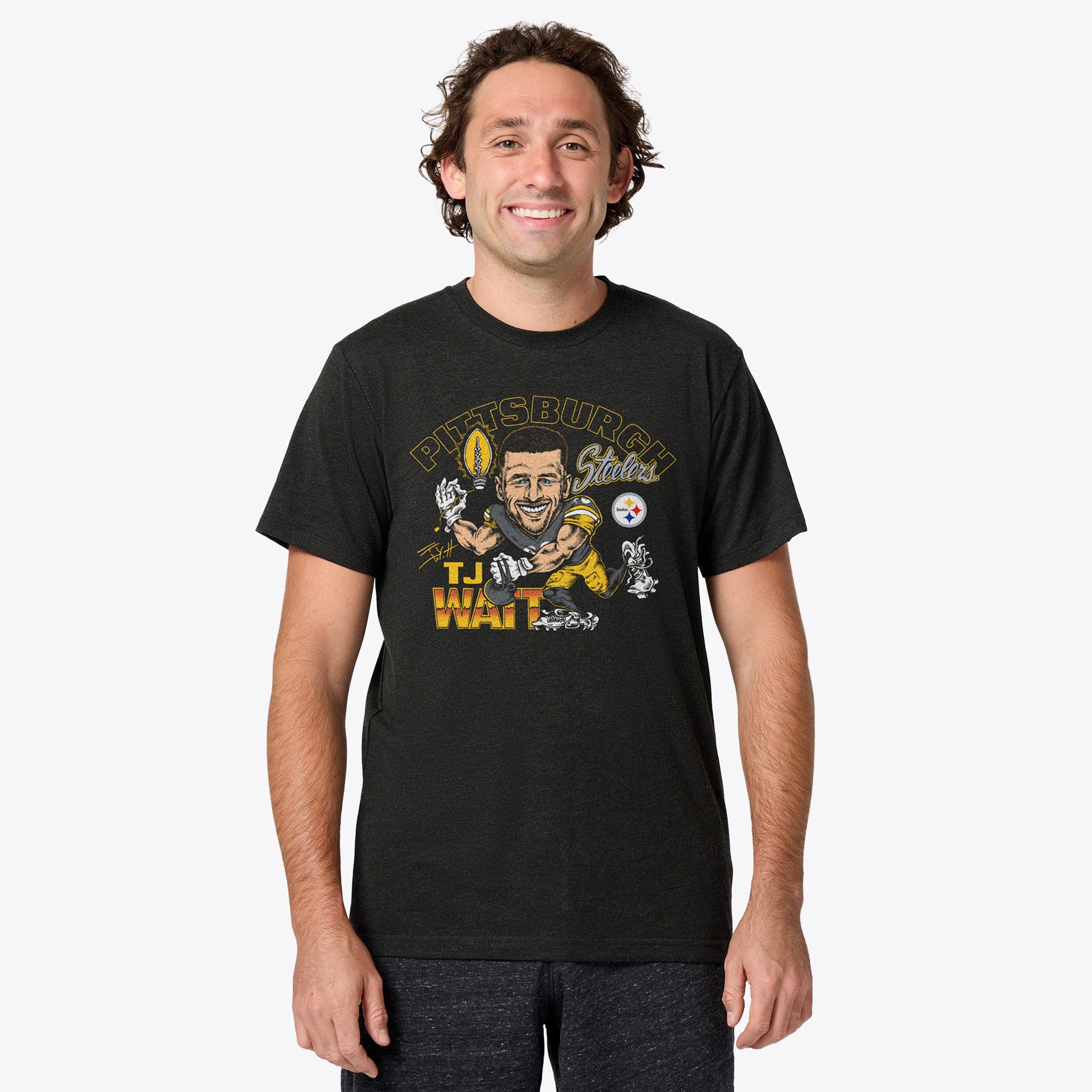 T-shirt unisexe Hommage à T.J. Watt, Pittsburgh Steelers, couleur anthracite, avec caricature du joueur, en mélange de trois matières.