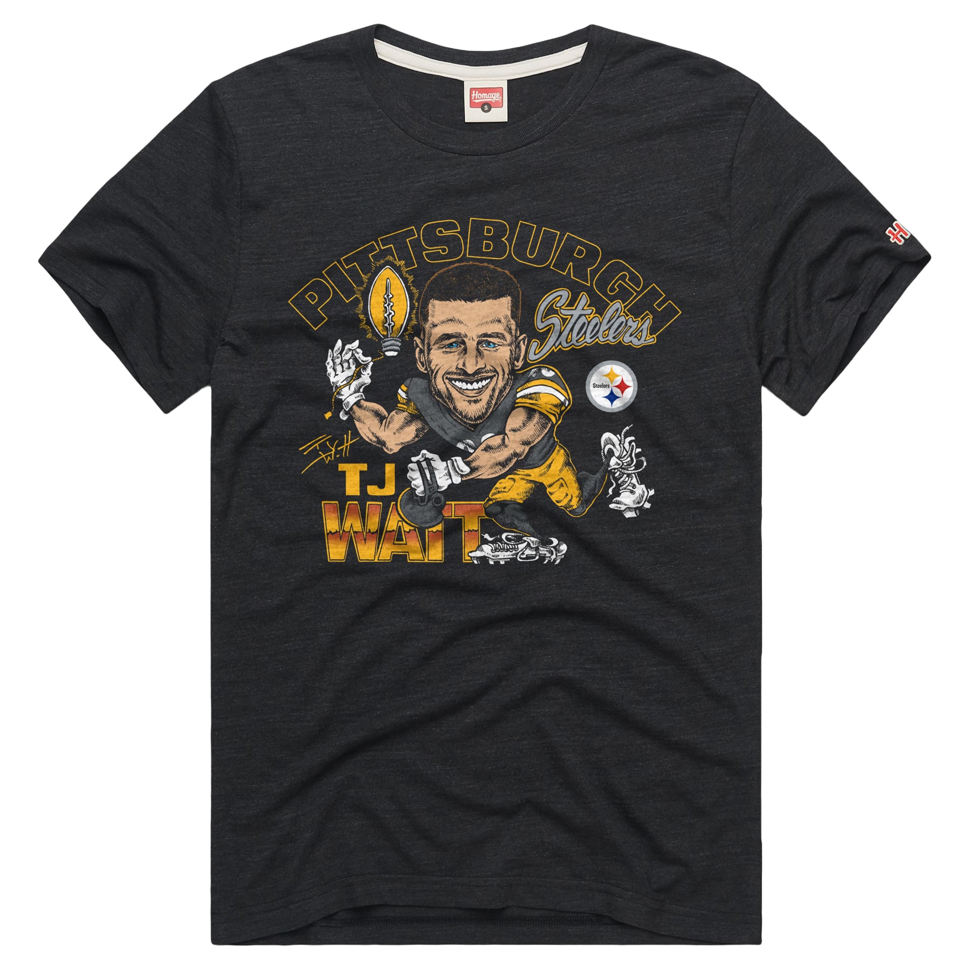 T-shirt unisexe Hommage à T.J. Watt, Pittsburgh Steelers, couleur anthracite, avec caricature du joueur, en mélange de trois matières.