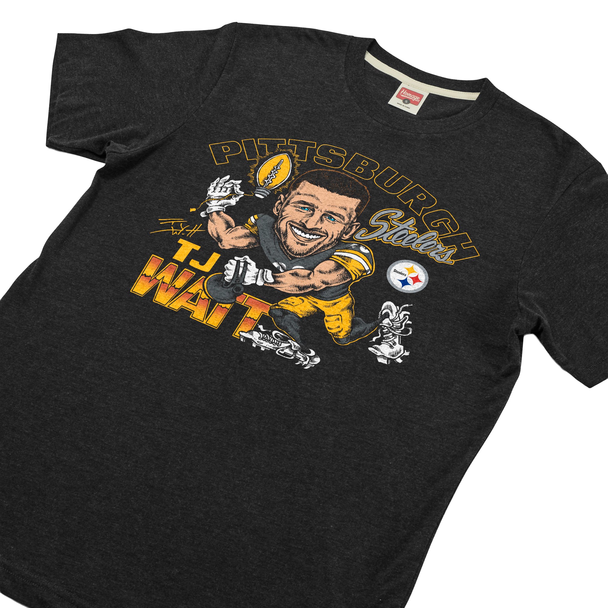 T-shirt unisexe Hommage à T.J. Watt, Pittsburgh Steelers, couleur anthracite, avec caricature du joueur, en mélange de trois matières.