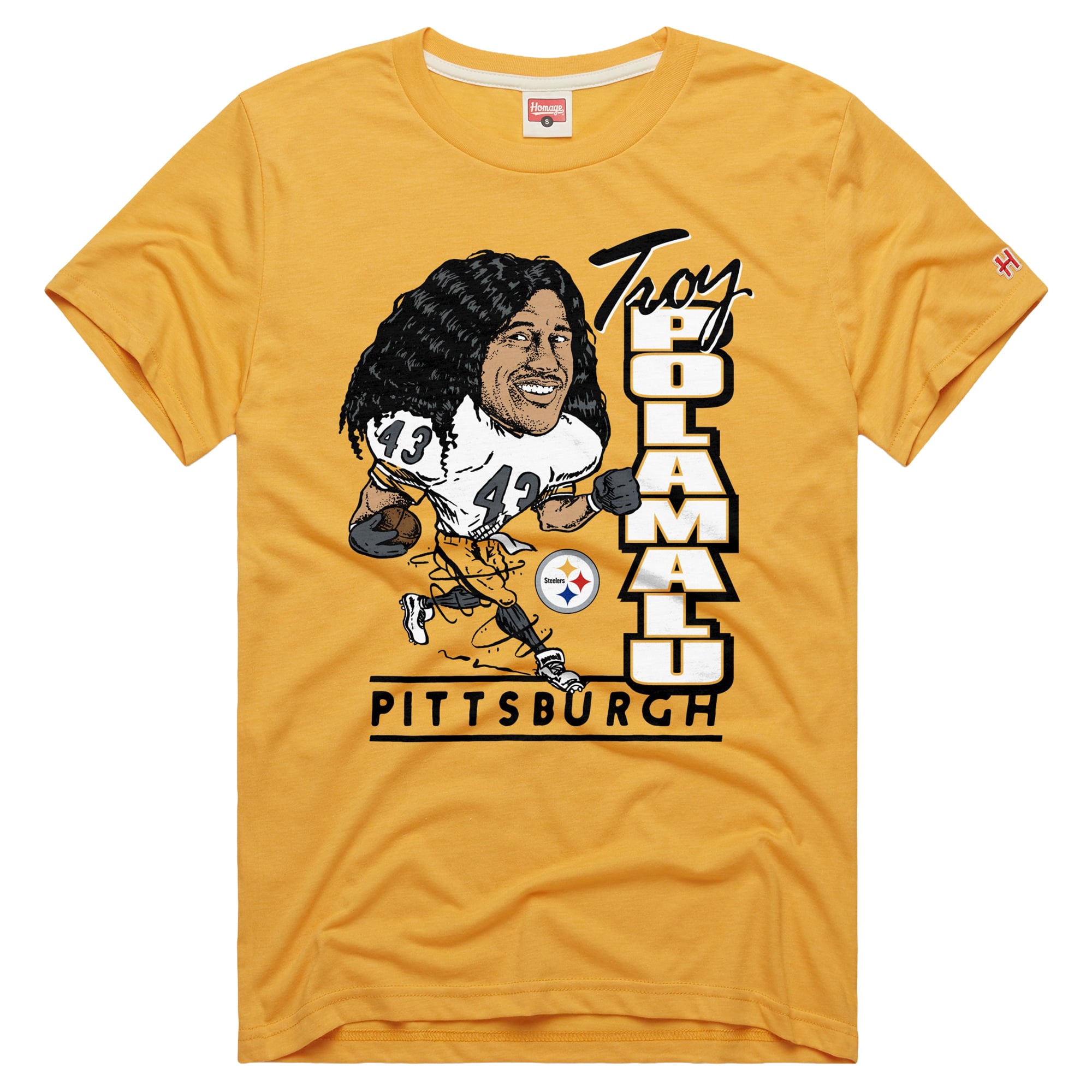 T-shirt unisexe en mélange de trois matières, hommage à Troy Polamalu Stone, joueur des Steelers Pittsburgh, avec caricature du joueur.