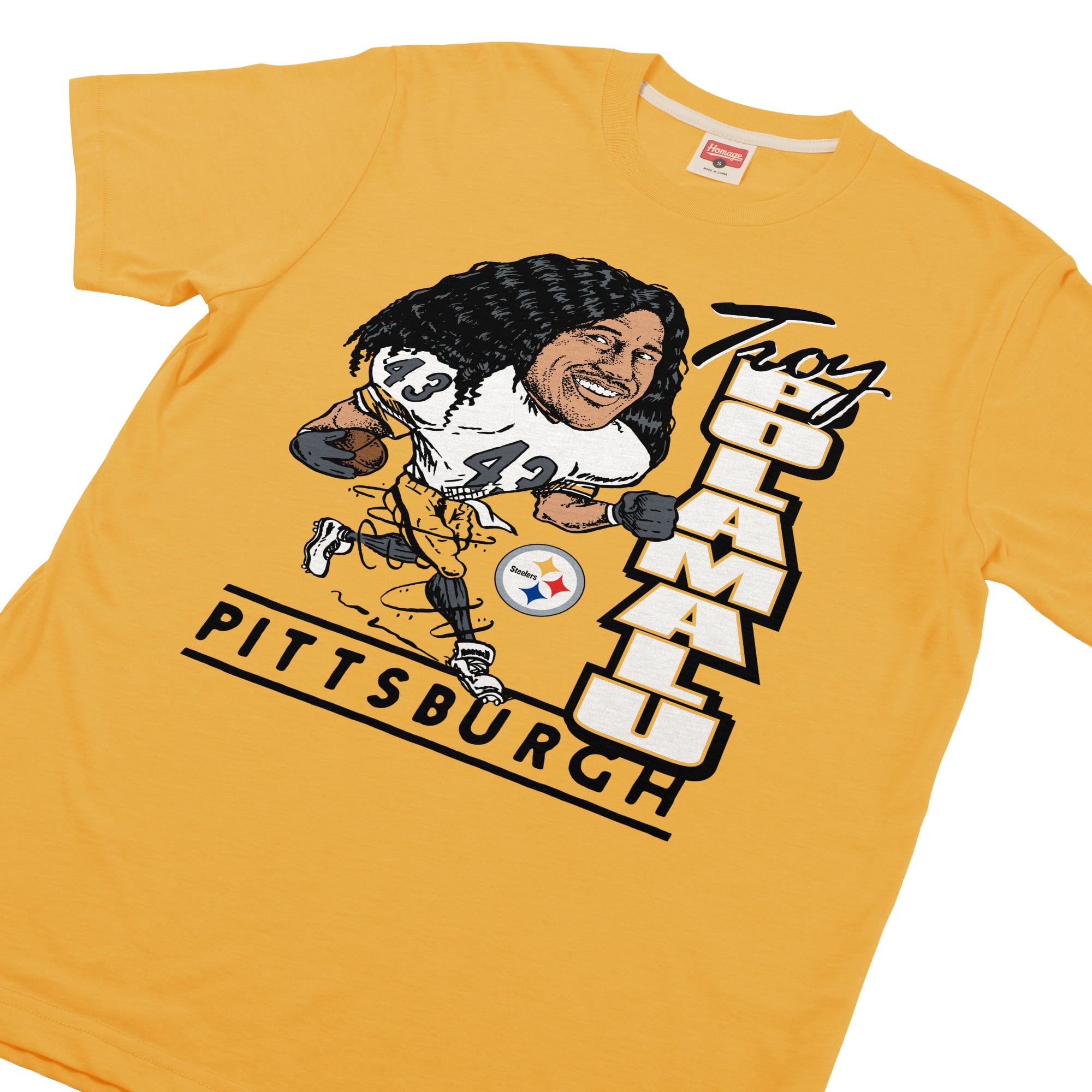 T-shirt unisexe en mélange de trois matières, hommage à Troy Polamalu Stone, joueur des Steelers Pittsburgh, avec caricature du joueur.