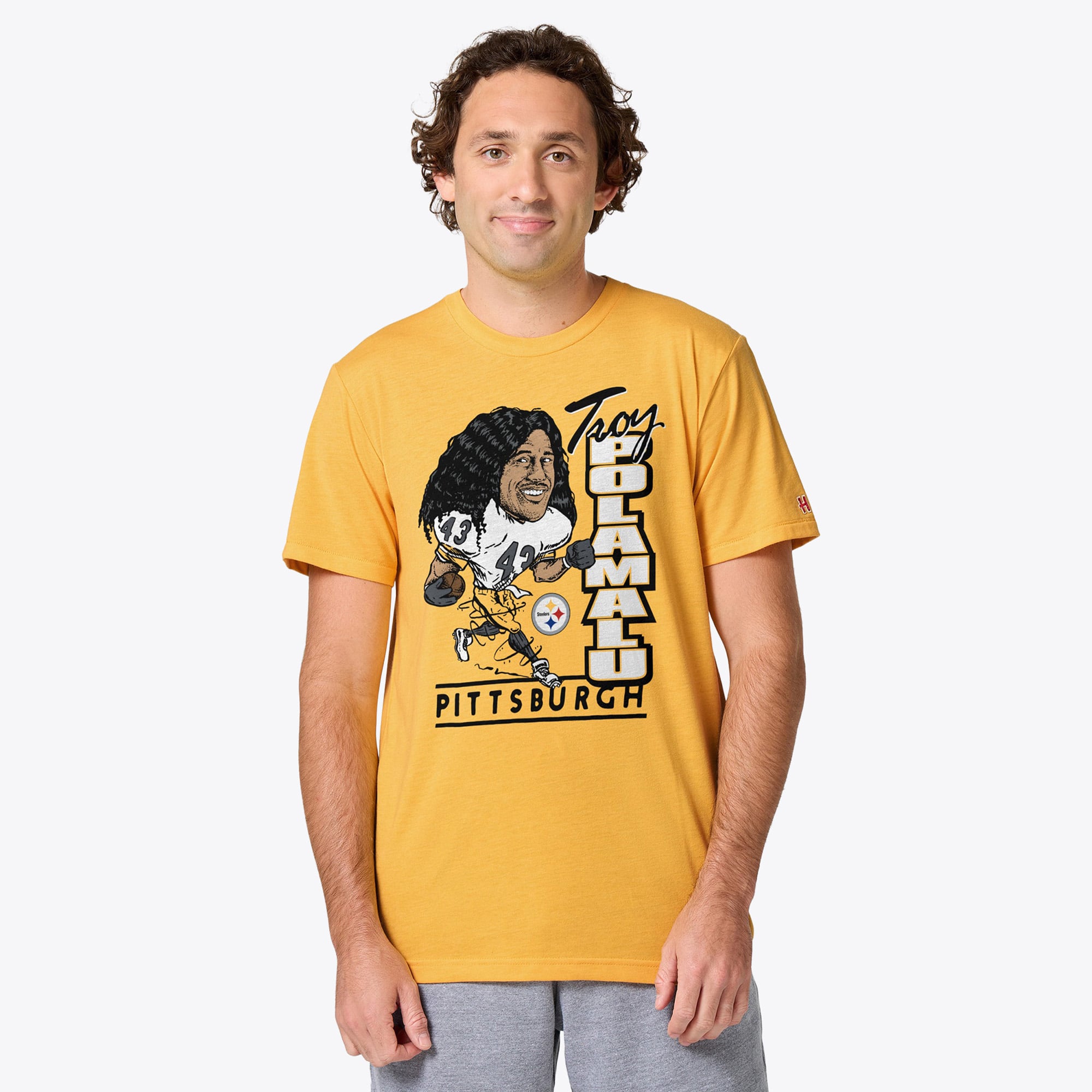 T-shirt unisexe en mélange de trois matières, hommage à Troy Polamalu Stone, joueur des Steelers Pittsburgh, avec caricature du joueur.