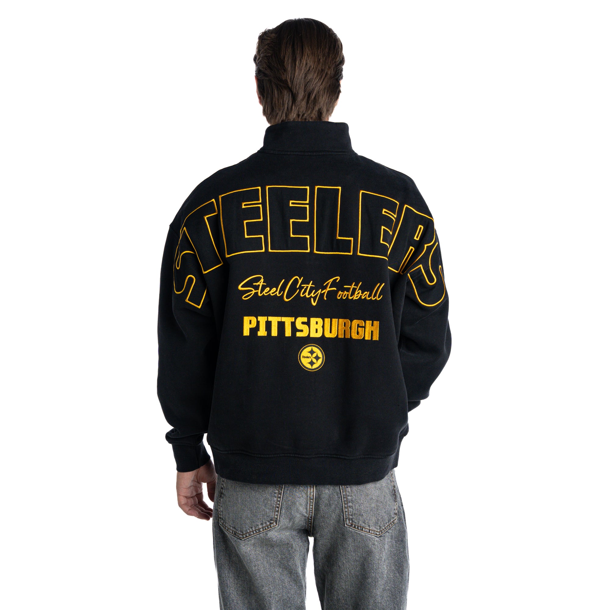 Pull polaire unisexe The Wild Collective noir Pittsburgh Steelers à col carré et fermeture éclair quart de tour