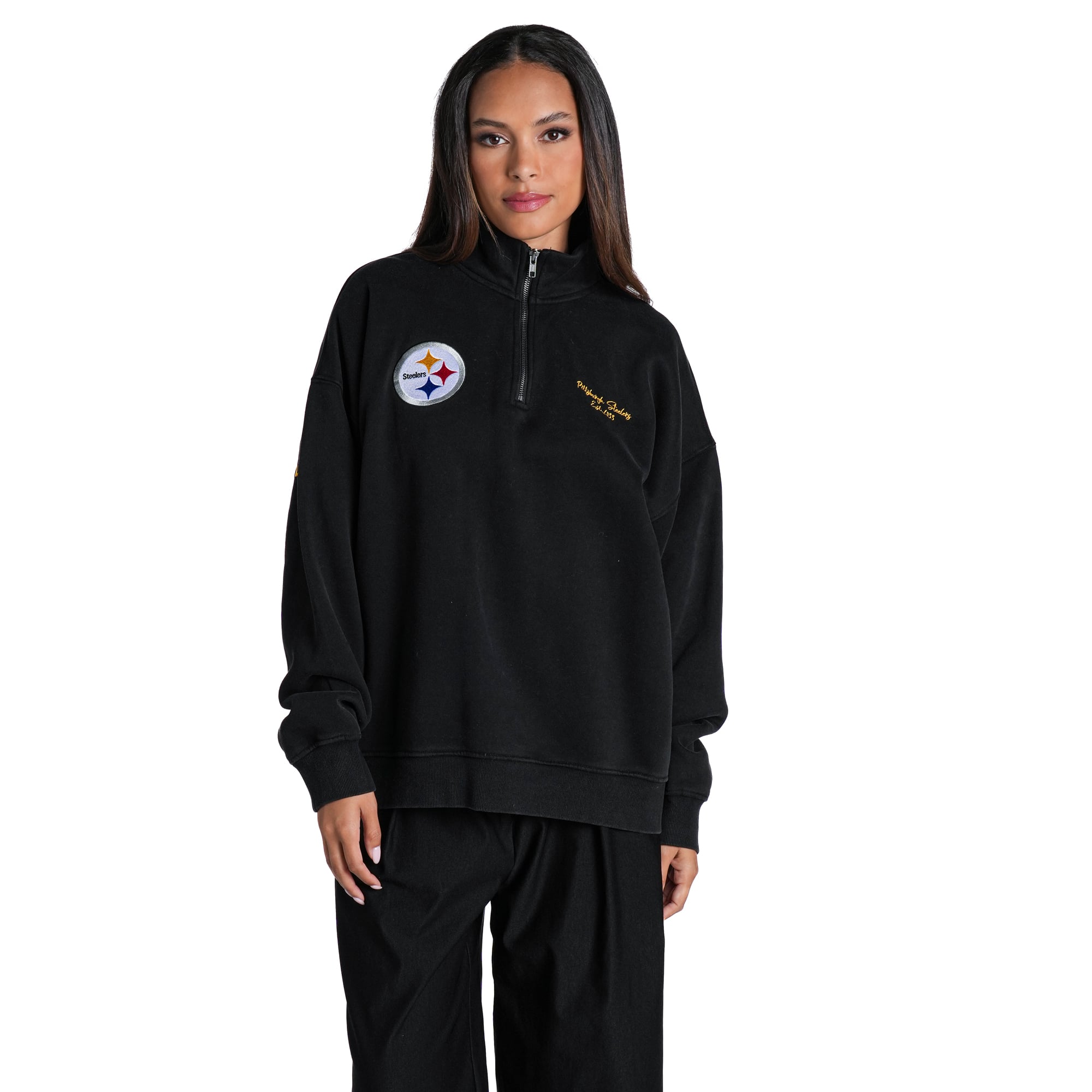 Pull polaire unisexe The Wild Collective noir Pittsburgh Steelers à col carré et fermeture éclair quart de tour