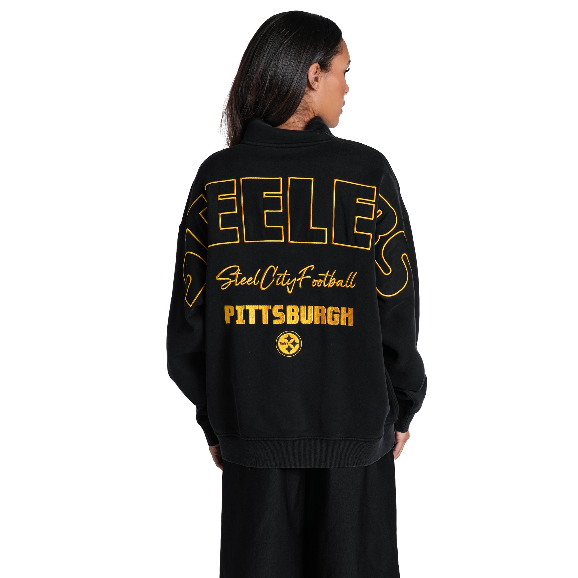 Pull polaire unisexe The Wild Collective noir Pittsburgh Steelers à col carré et fermeture éclair quart de tour