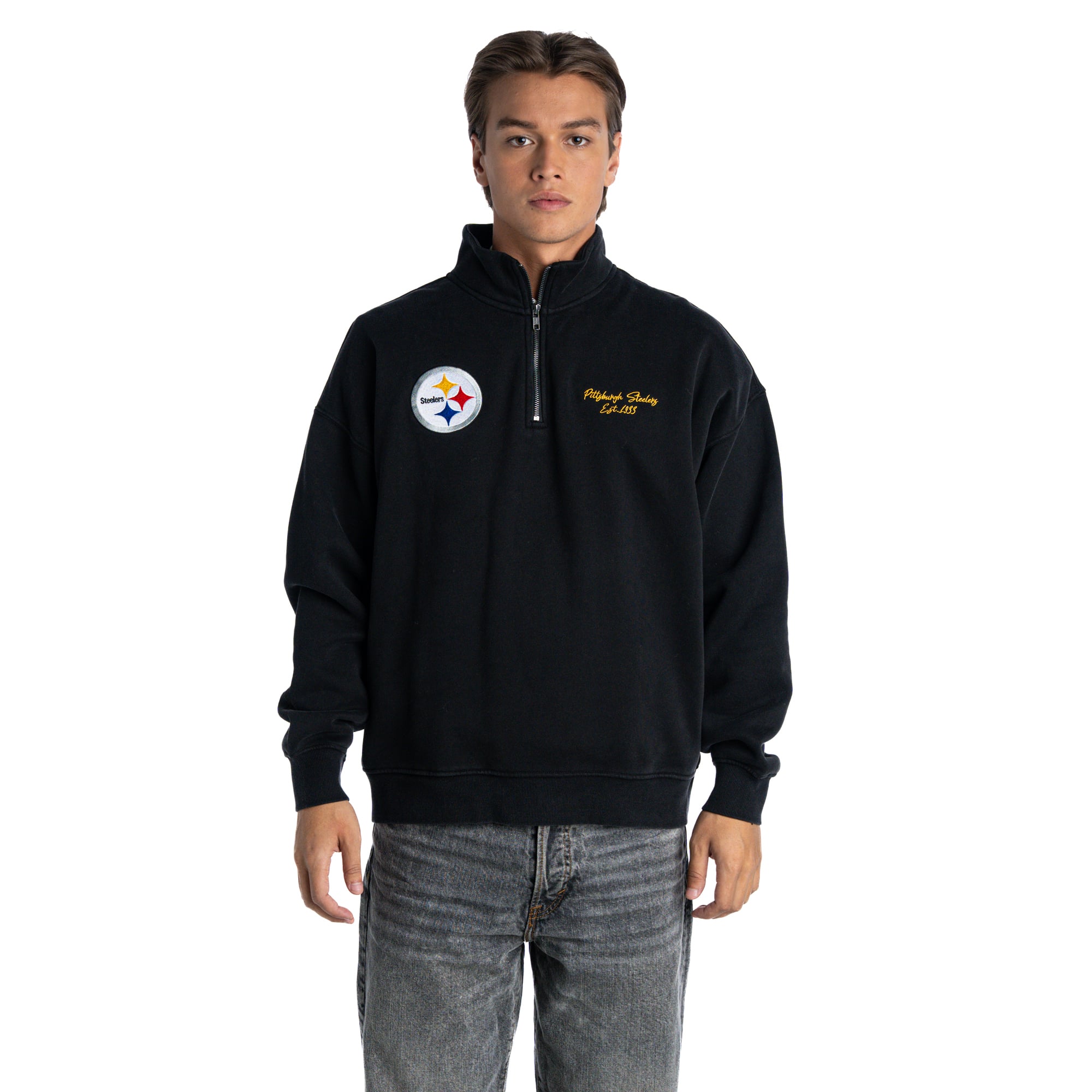 Pull polaire unisexe The Wild Collective noir Pittsburgh Steelers à col carré et fermeture éclair quart de tour