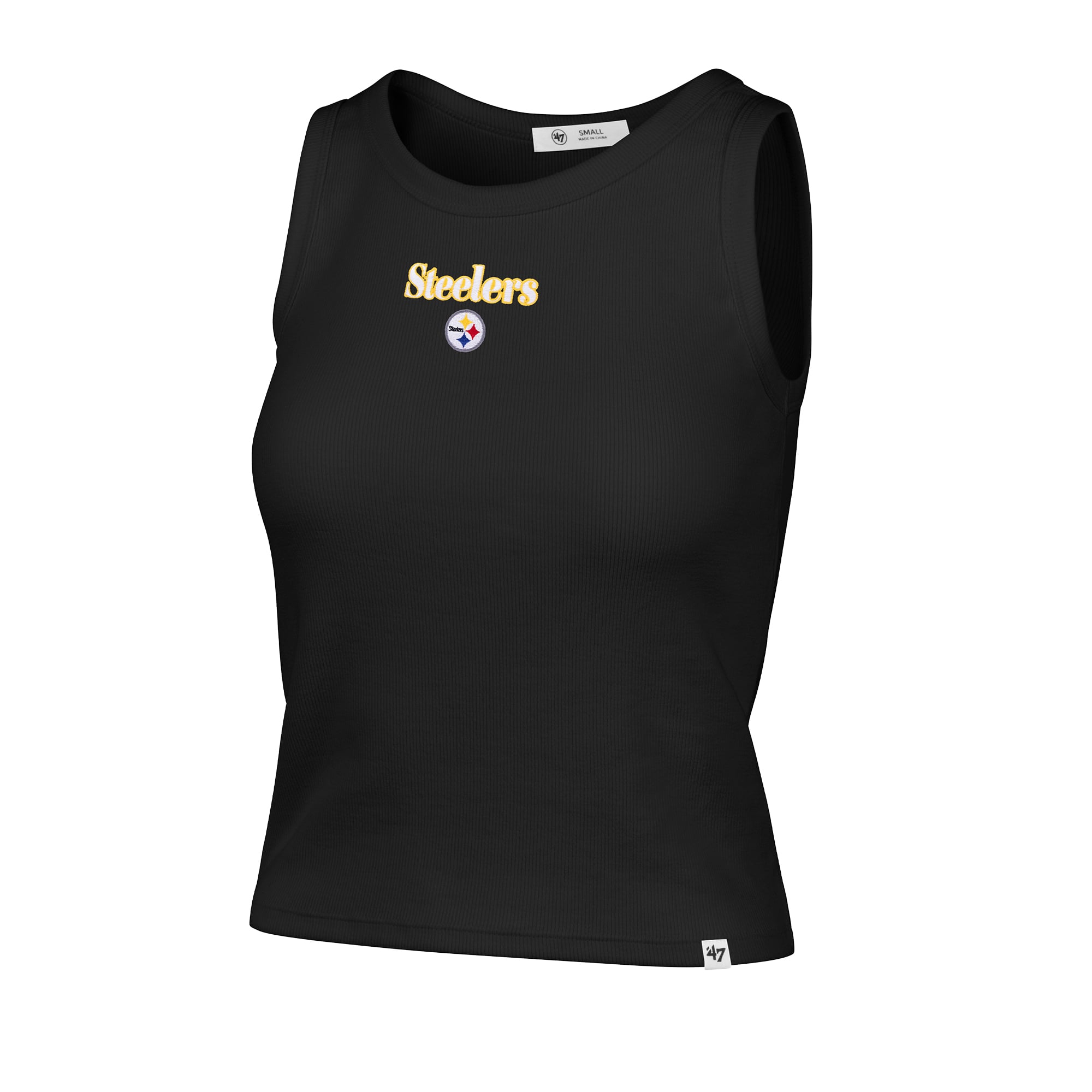 Women's '47  Black Pittsburgh Steelers Cropped Straight Cut Ribbed Baby Tank Top