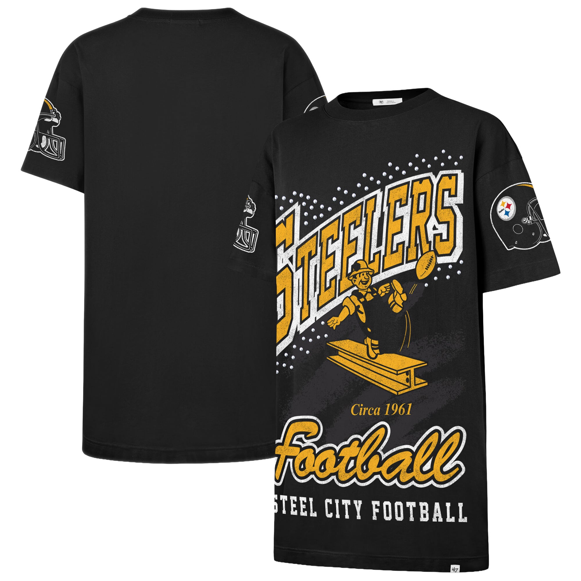 Robe t-shirt oversize Pittsburgh Steelers noire pour femme, ornée de pierres précieuses, modèle 47