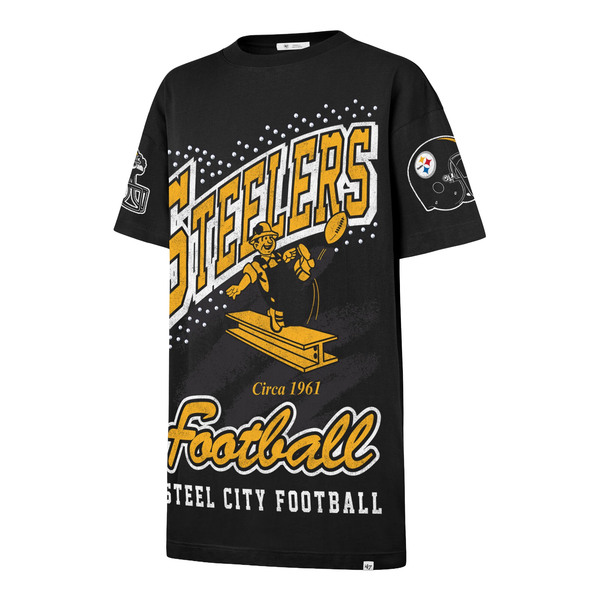 Robe t-shirt oversize Pittsburgh Steelers noire pour femme, ornée de pierres précieuses, modèle 47