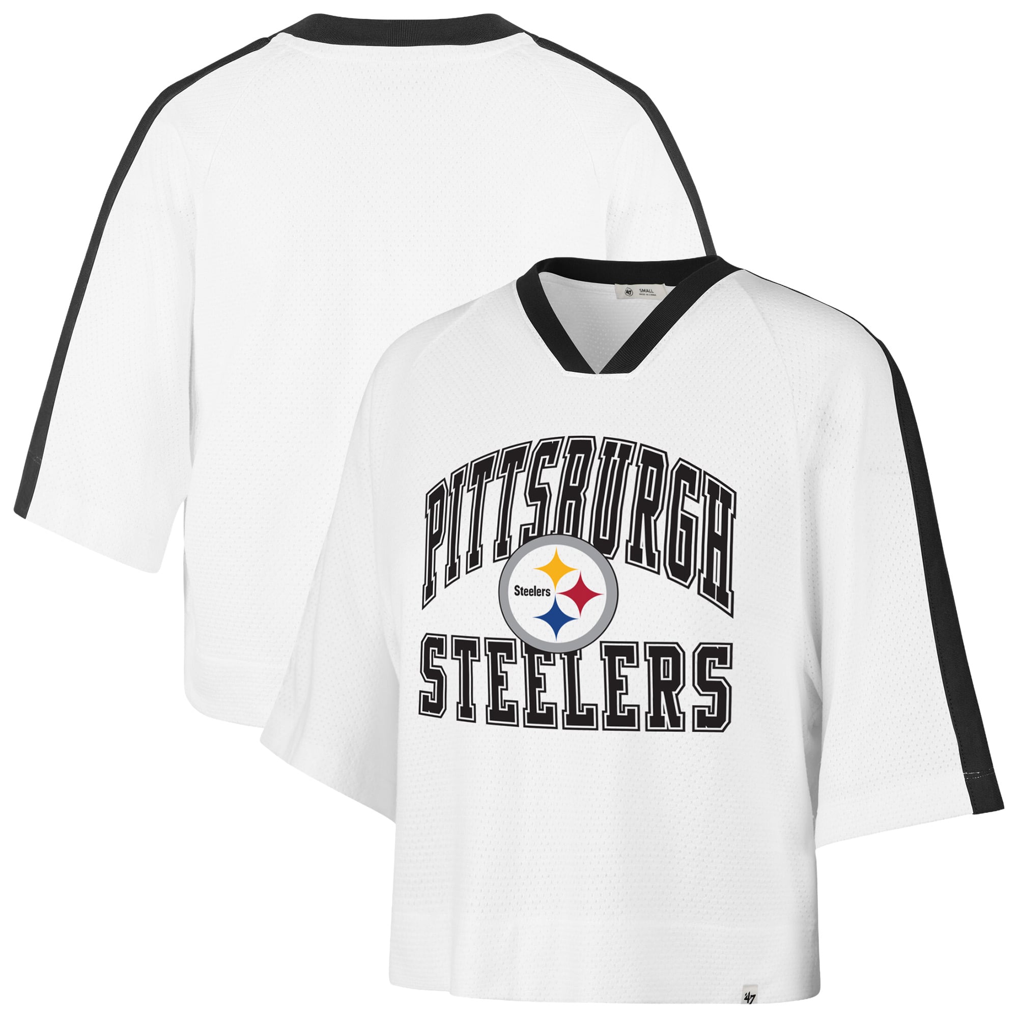 Women's '47 White Pittsburgh Steelers Big Overarch Drop Needle Raglan V-Neck T-Shirt