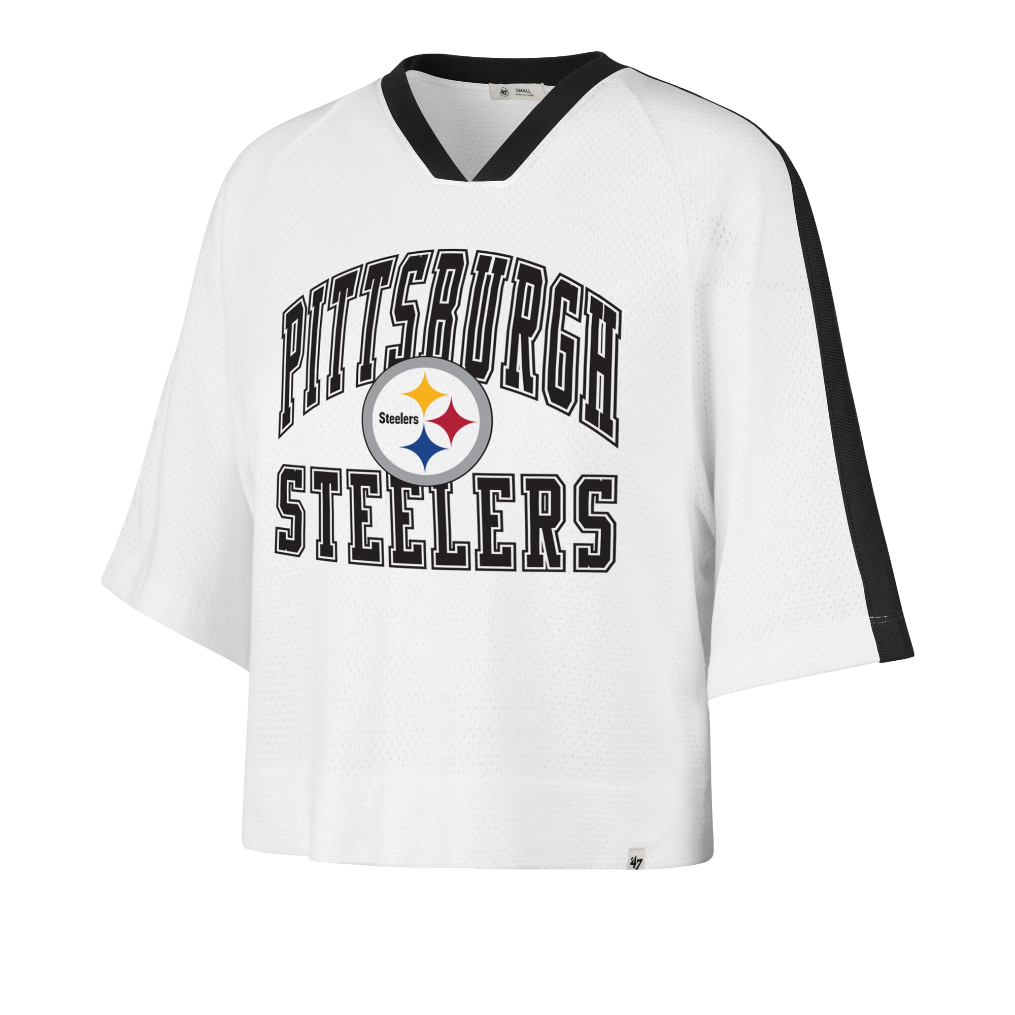 Women's '47 White Pittsburgh Steelers Big Overarch Drop Needle Raglan V-Neck T-Shirt
