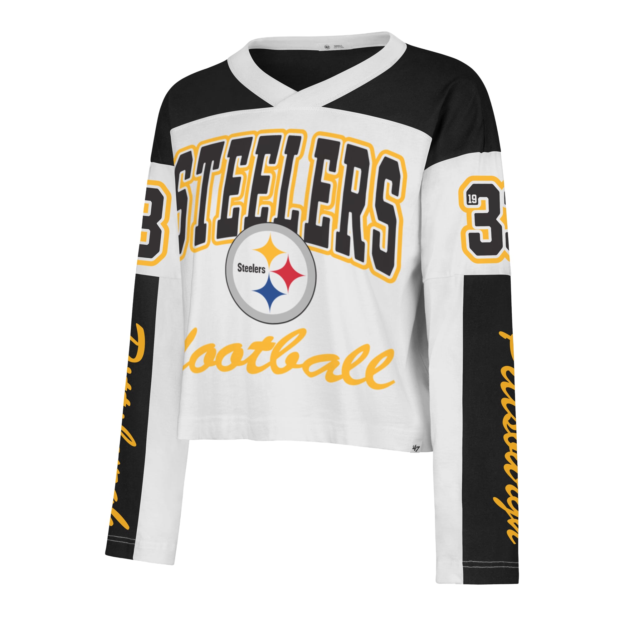T-shirt à manches longues et col en V blanc Pittsburgh Steelers '47 pour femme